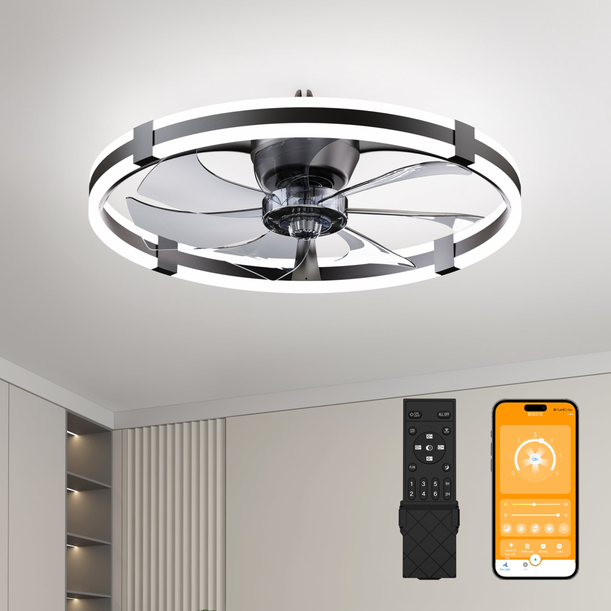 Leumius 23.6" LED Ceiling Fan with Light Remote DC Motor Aluminum Body 6-Speed Infinite Dimming LED Ceiling Fan for Bedroom Living Room Black