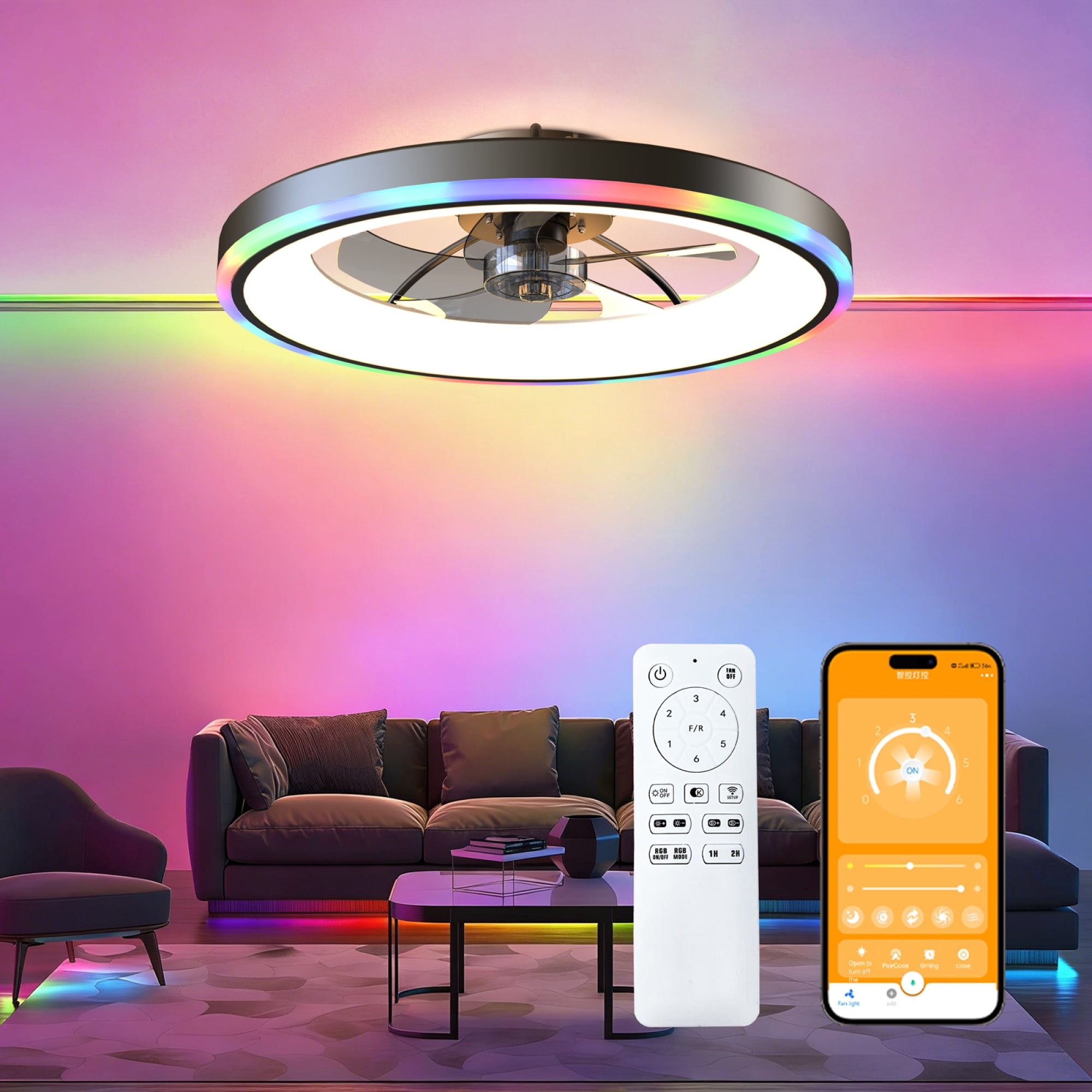 Leumius 23.6" Modern RGB Ceiling Fan with Lights, Flush Mount Low Profile Fan with Remote & APP, 6-Speed Reversible Silent DC Motor, Dimmable 3000-6500K LED for Bedroom Living Room Black