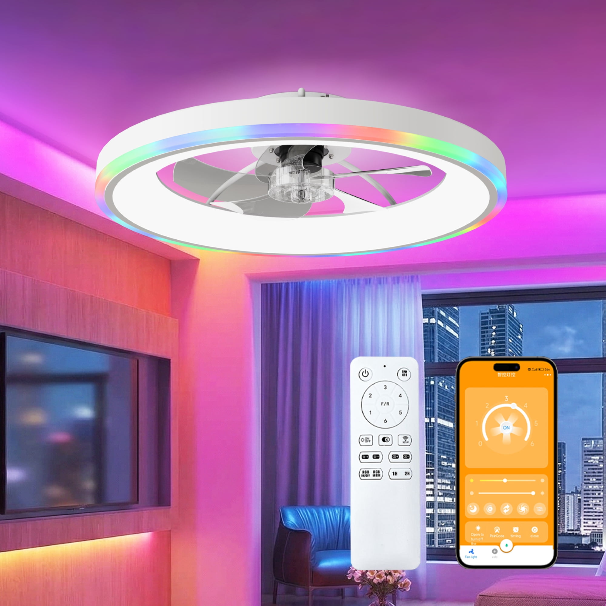 Leumius 23.6" Modern RGB Ceiling Fan with Lights, Flush Mount Low Profile Fan with Remote & APP, 6-Speed Reversible Silent DC Motor, Dimmable 3000-6500K LED for Bedroom Living Room White