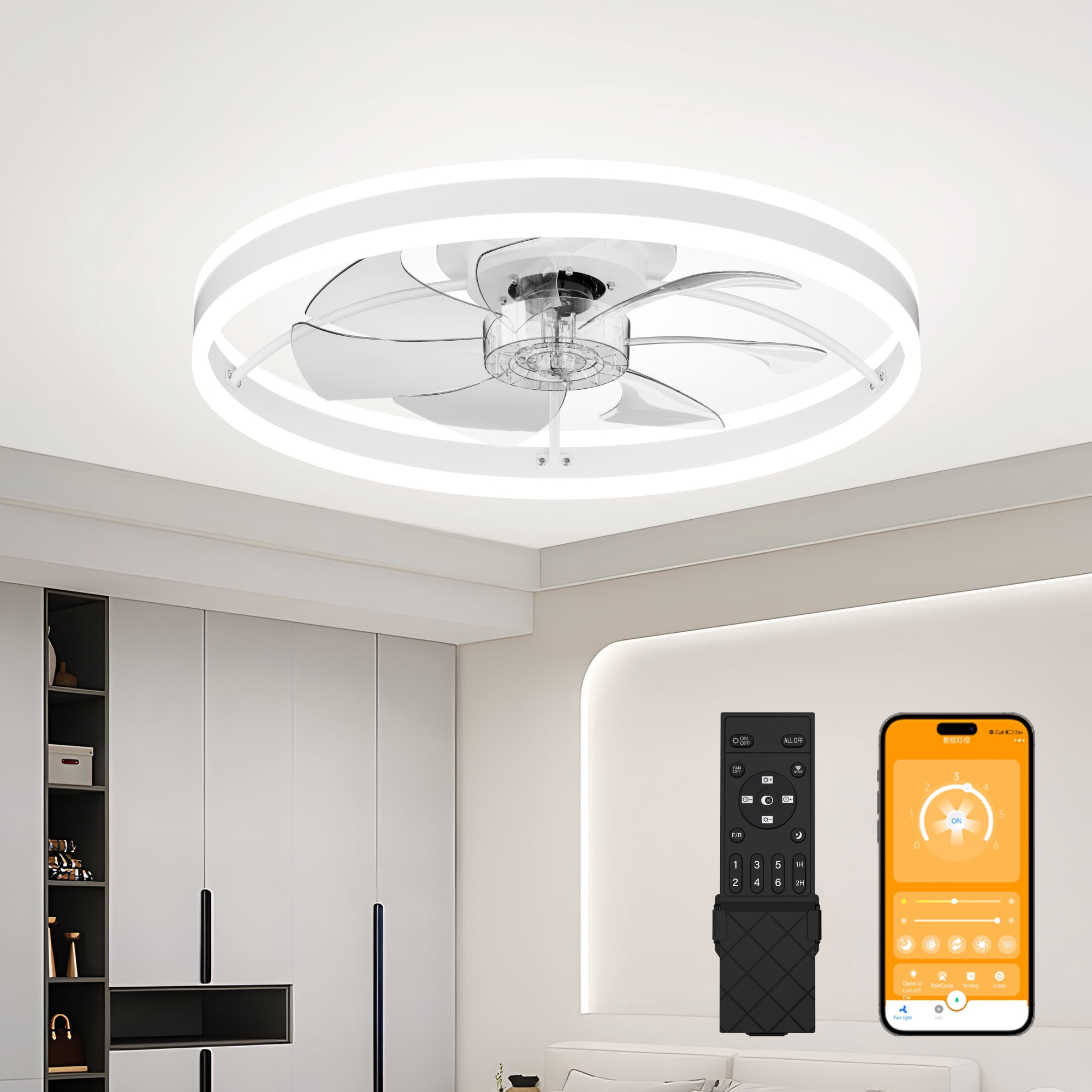 Leumius 23.6"Smart Ceiling Fan with LED Light, 7 Blades Modern Metal Design, 6-Speed Quiet DC Motor, APP & Remote Control, Dimmable Light 3000K-6500K for Living Room Bedroom White