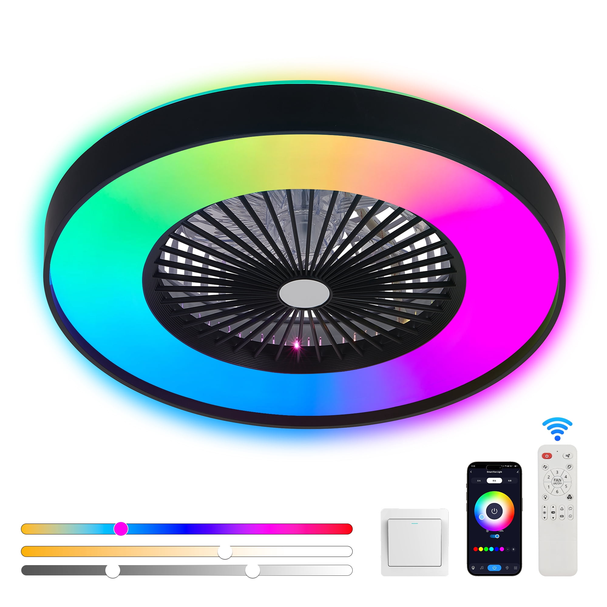 Leumius 23" Black Ceiling Fan Light with LED RGB, Dimmable & Color-Changing, APP & Remote Control, Modern Smart Ceiling Fan for Living Room Bedroom and Dining Room