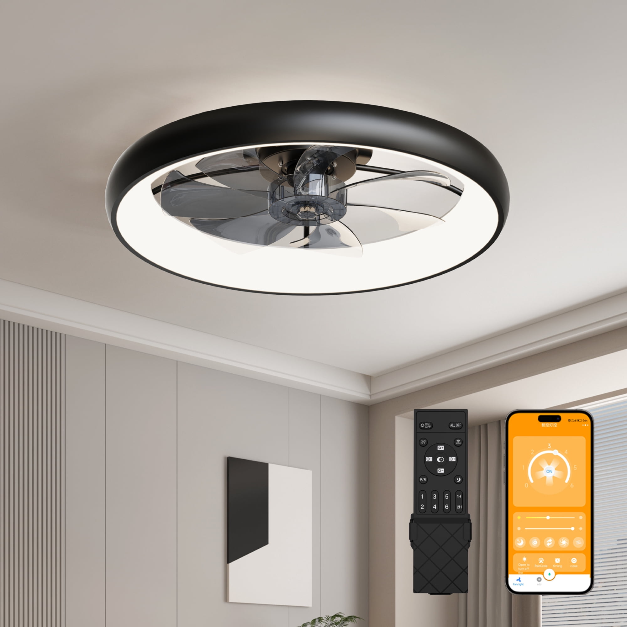 Leumius 24.4" Black Ultra-Thin Ceiling Fan with Light, 6-Speed Reversible Fandelier, 3-Color Temp Dimmable, Remote & APP Control, Silent Motor for Large Rooms Living Areas