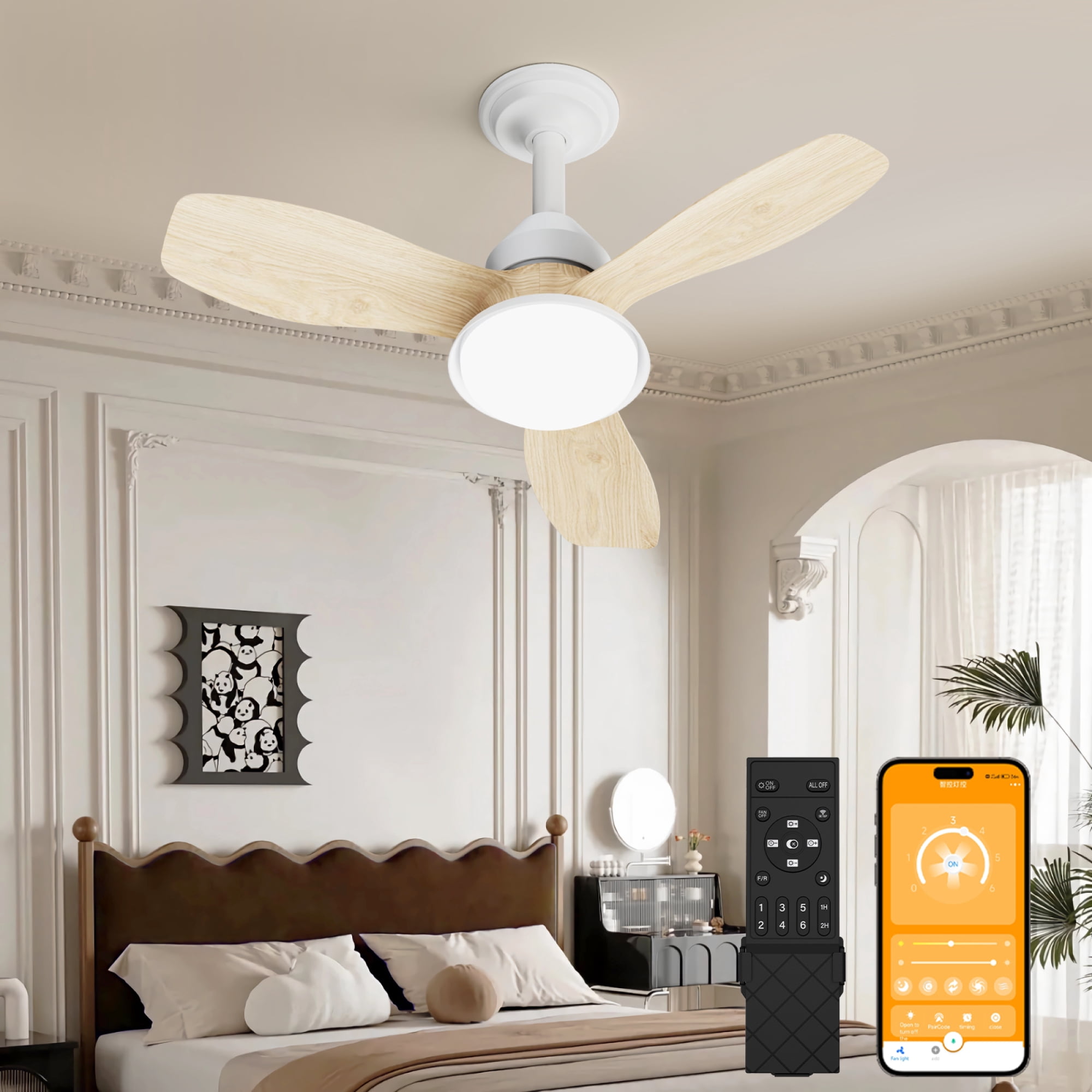 Leumius 24.4" Brown Ceiling Fan with Light, 3 Blades, 6-Speed Reversible Quiet DC Motor, Dimmable LED, APP & Remote Control, Flush Mount for Bedroom Living Room Covered Patio