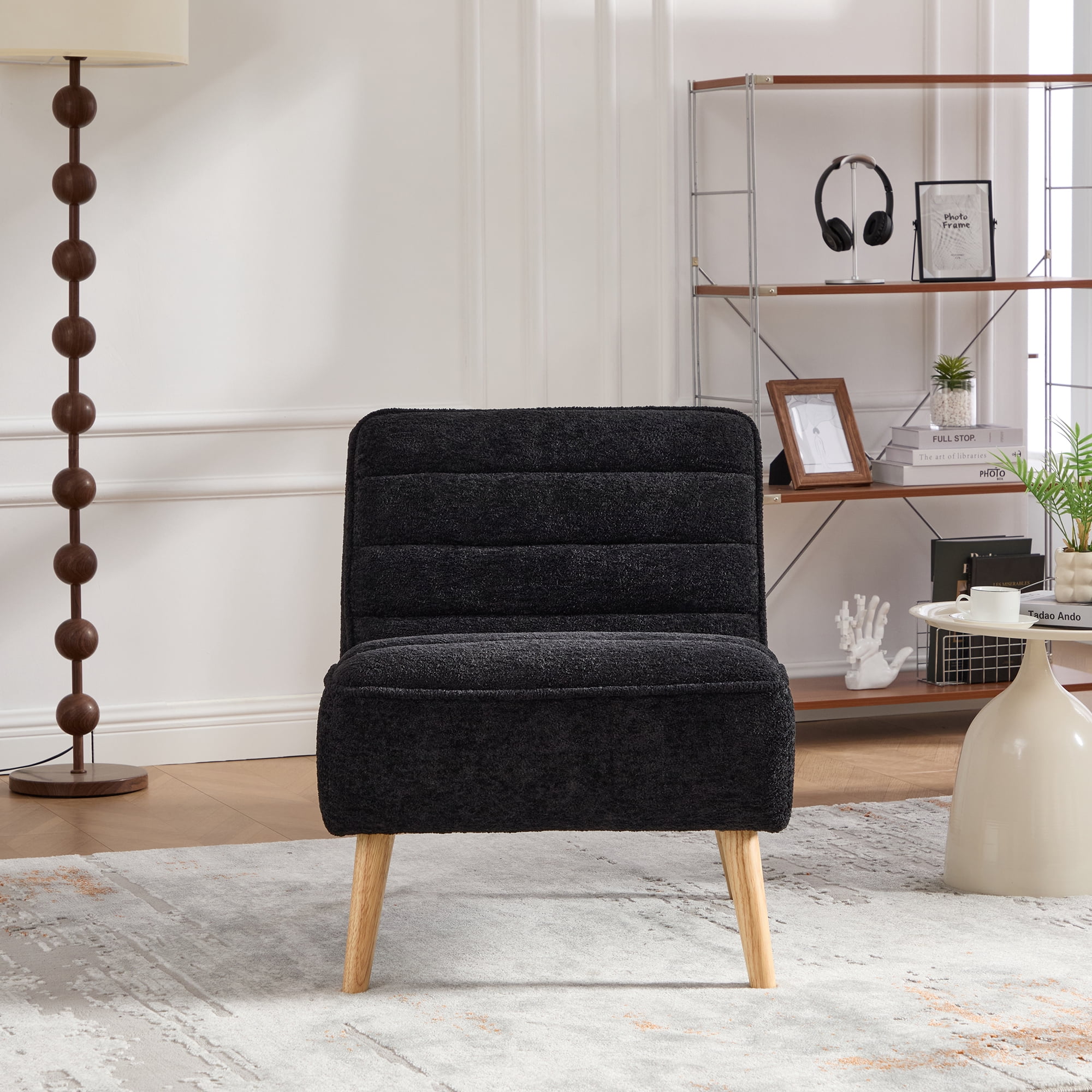 Leumius 24.4" Wide Modern Upholstered Armless Chair with Rubber Wood Legs, Chenille Accent Chair for Living Room Bedroom Office and Reading Room Black
