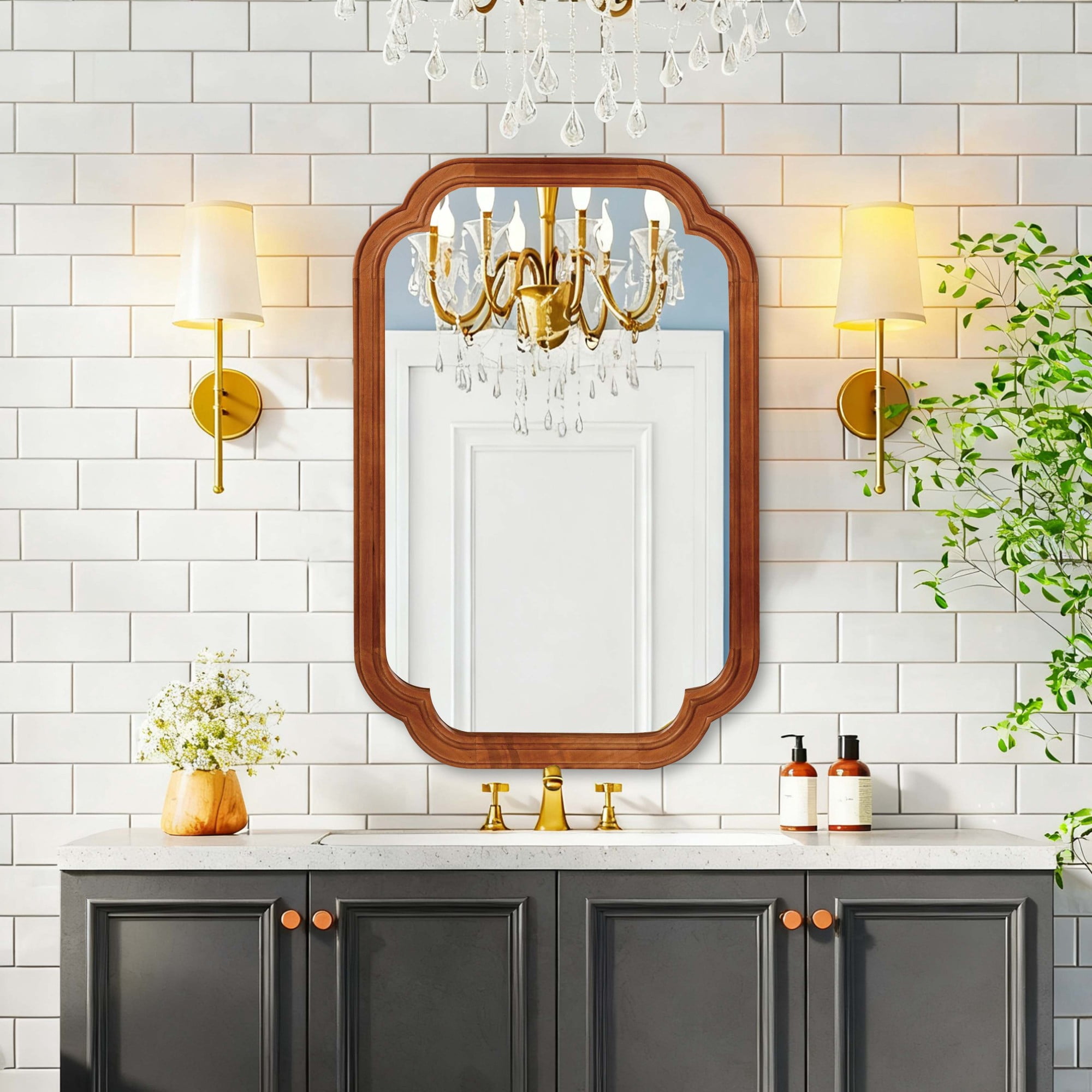 Leumius 24"x 36" Decorative Mirror, Solid Wood Frame Rounded Corner Mirror for Bedroom Bathroom Living Room Entryway Brown