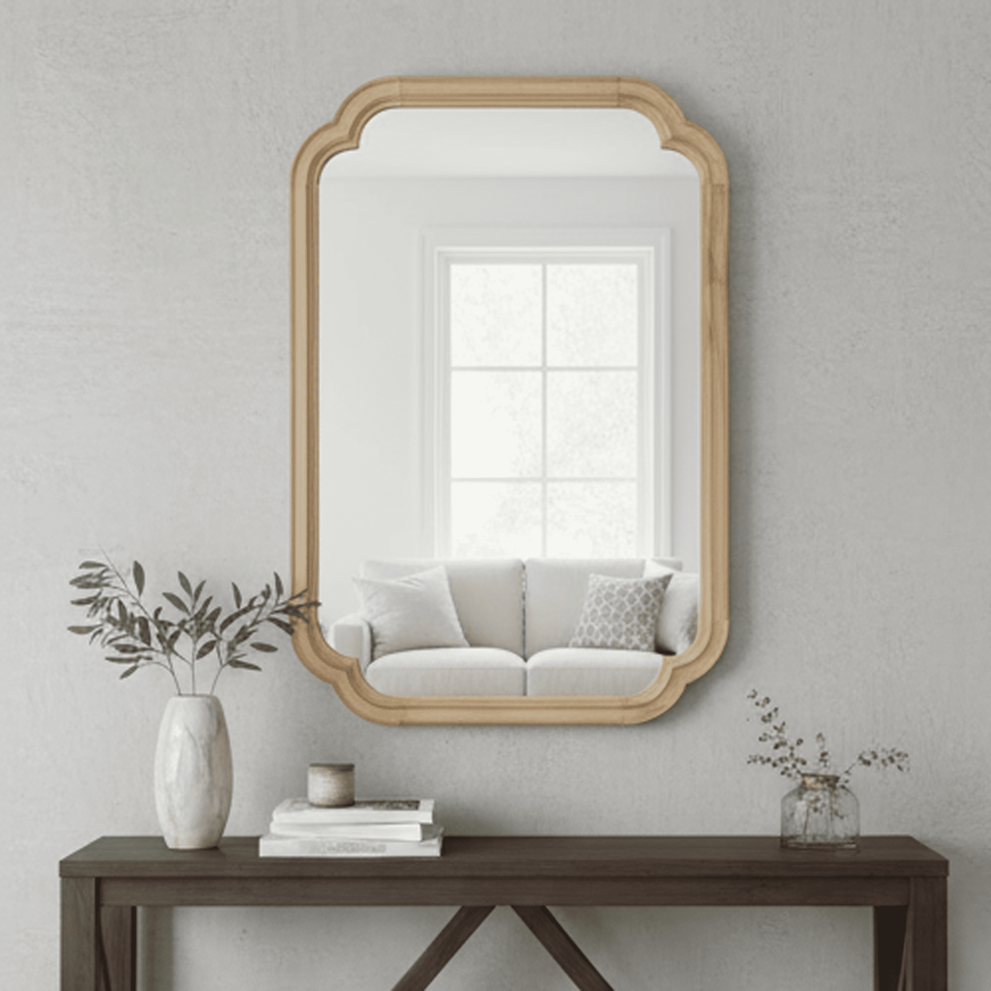 Leumius 24"x 36" Decorative Mirror, Solid Wood Frame Rounded Corner Mirror for Bedroom Bathroom Living Room Entryway Natural