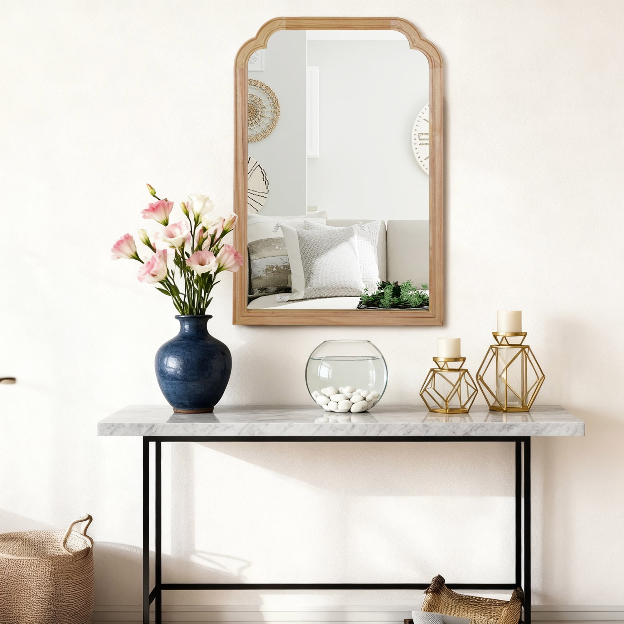 Leumius 24"x 36" Rounded Corner Mirror, Solid Wood Frame Decorative Mirror for Bedroom Bathroom Living Room Entryway Natural