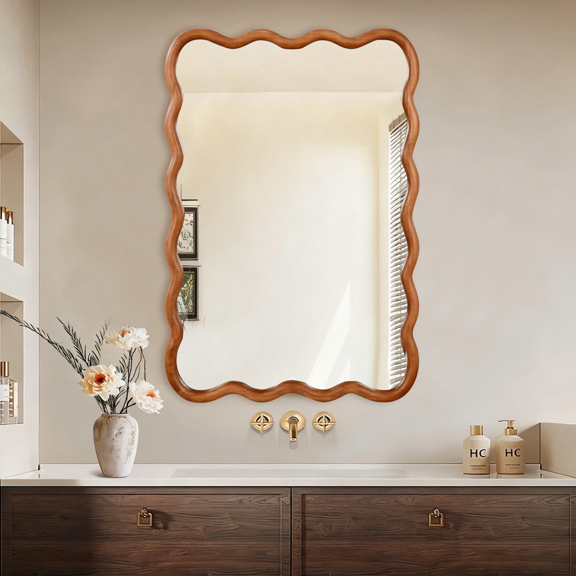 Leumius 24"x36" Wavy Rectangle Mirror, Solid Wood Frame Decorative Mirror for Bedroom Bathroom Living Room Entryway Brown