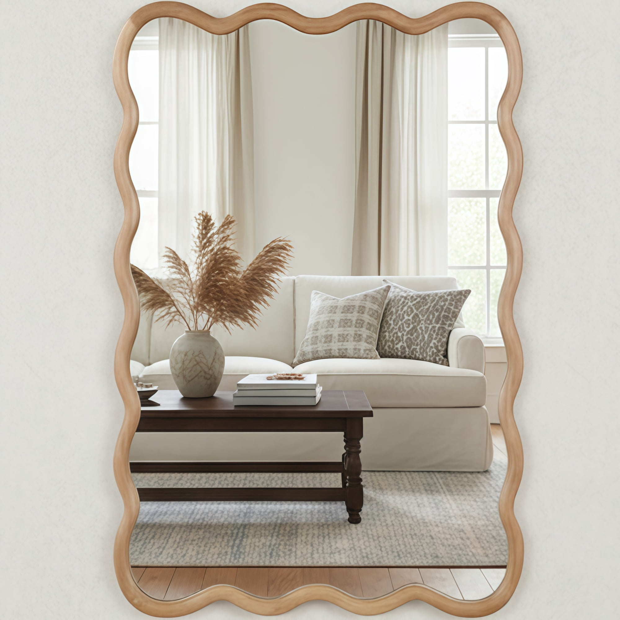 Leumius 24"x36" Wavy Rectangle Mirror, Solid Wood Frame Decorative Mirror for Bedroom Bathroom Living Room Entryway Natural