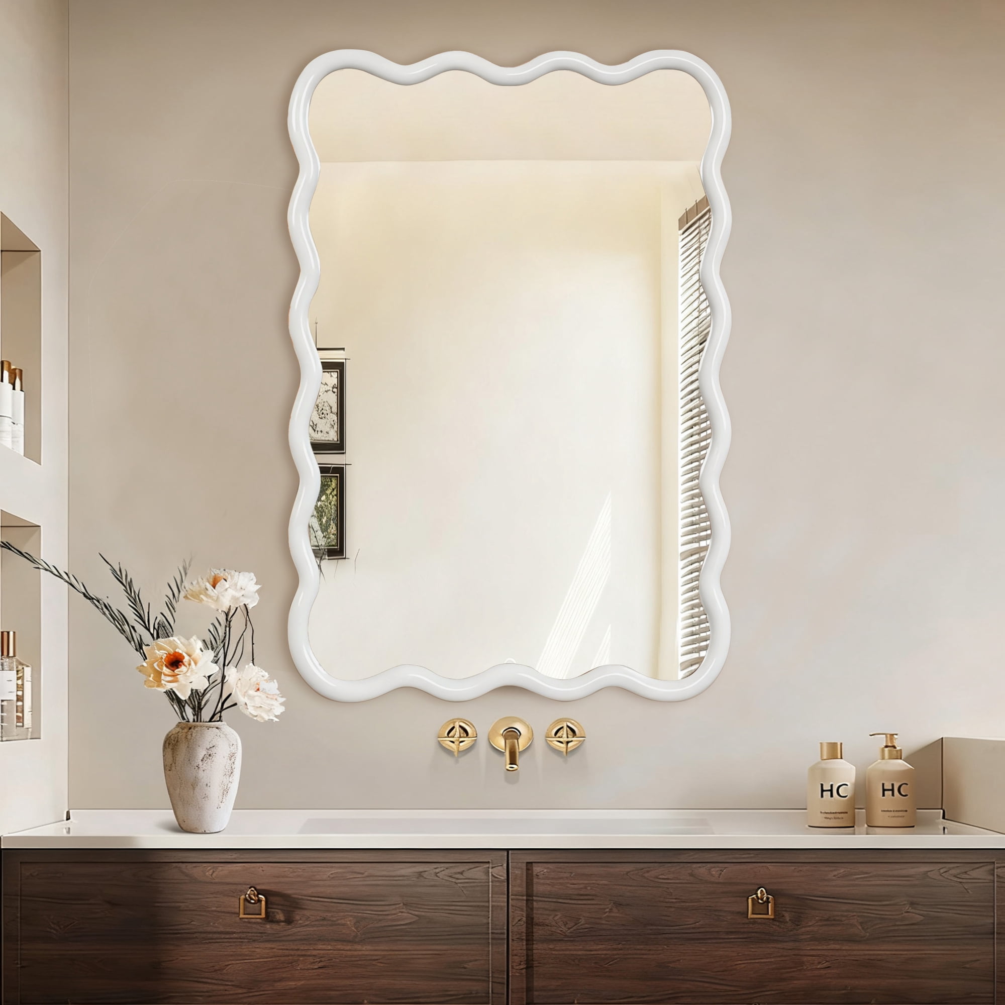 Leumius 24"x36" Wavy Rectangle Mirror, Solid Wood Frame Decorative Mirror for Bedroom Bathroom Living Room Entryway White
