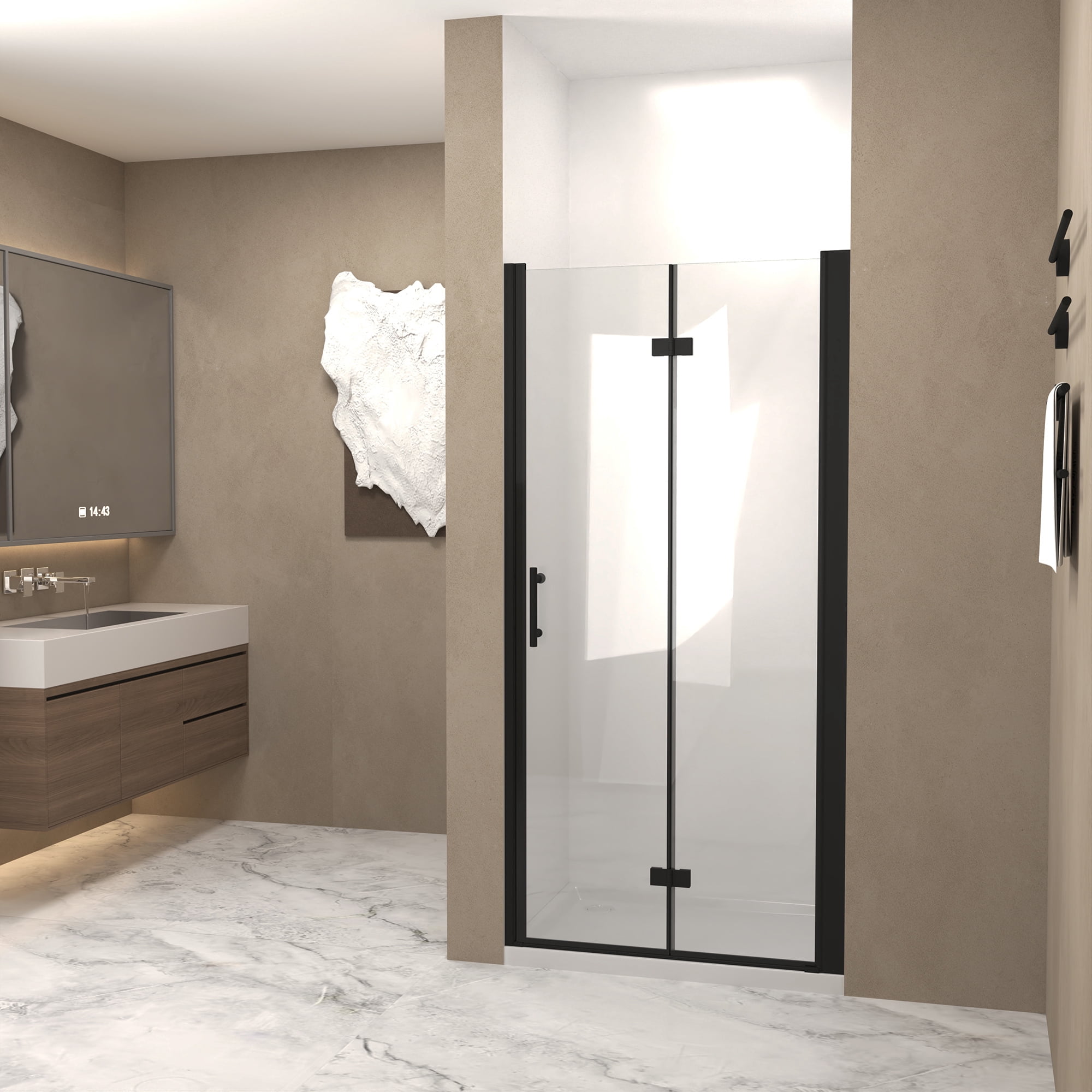 Leumius 28-29" x 72" Bifold Shower Door,Half Frame Shower Door,1/4"(6mm) Tempered Glass with Matte Black Aluminum Frame