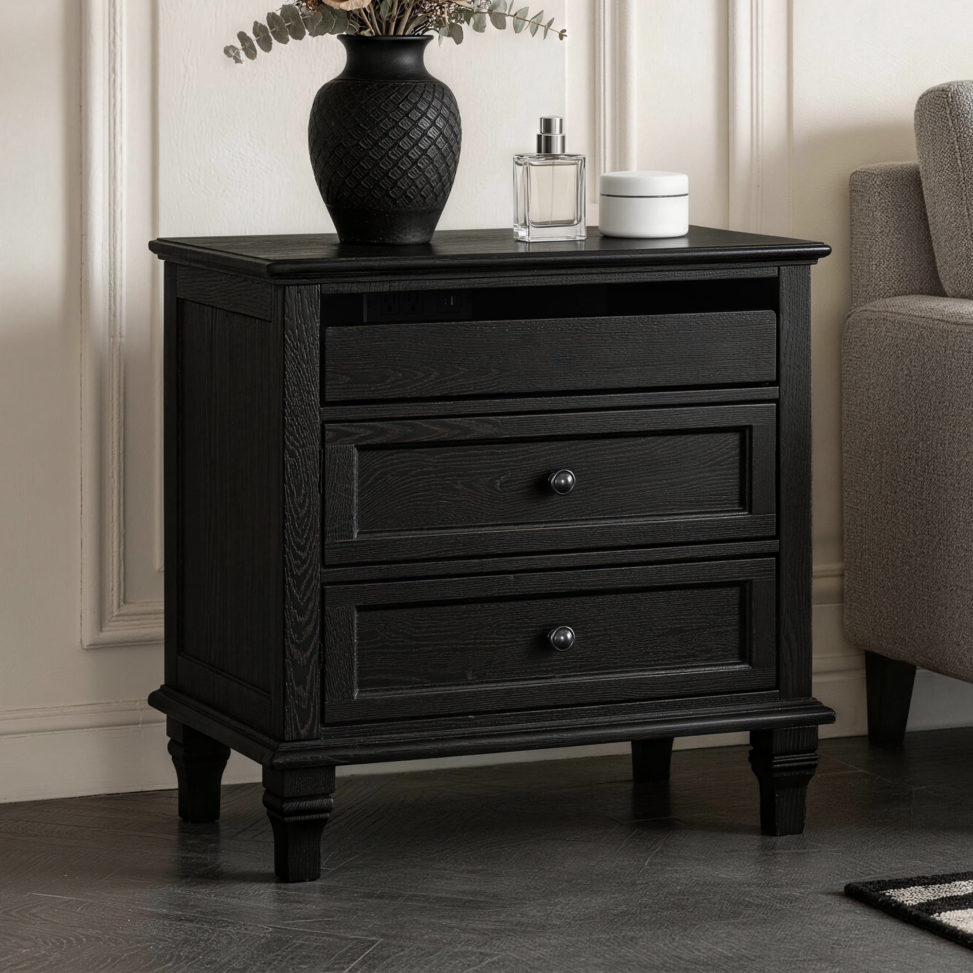 Leumius 28" Nightstand with Charging Station, Farmhouse Bedside Table with 3 Drawers, USB and Type-C Ports, Storage End Table for Bedroom Living Room Office Black