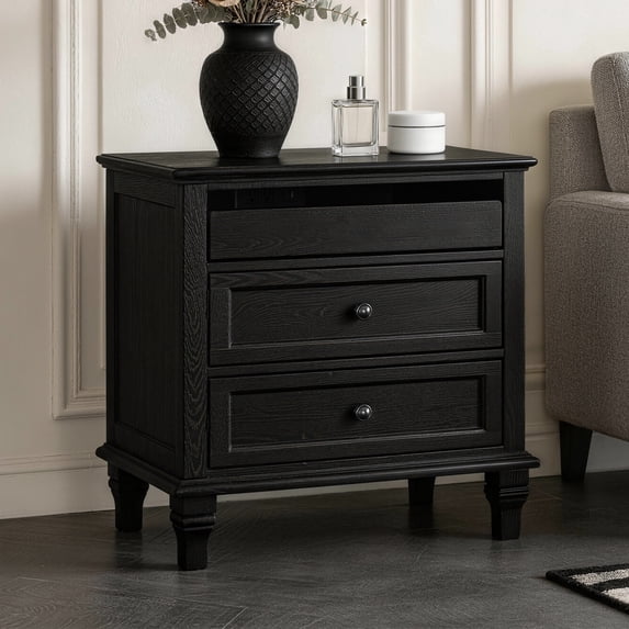Leumius 28" Nightstand with Charging Station, Farmhouse Bedside Table with 3 Drawers, USB and Type-C Ports, Storage End Table for Bedroom Living Room Office Black