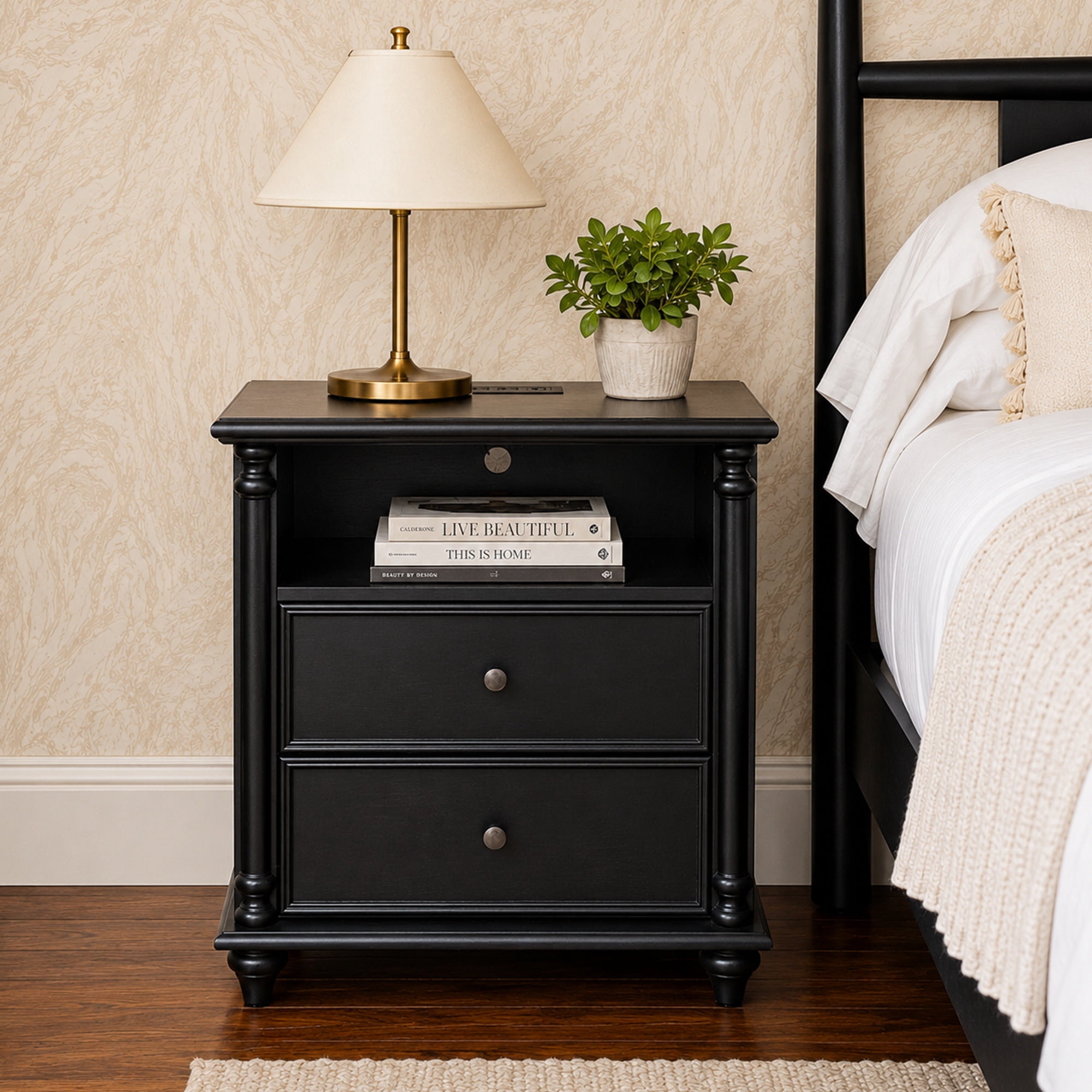 Leumius 28" Nightstand with Charging Station, Nightstand with Solid Wood Legs, 2 Drawers End Table, Bedside Table for Living Room Bedroom Black