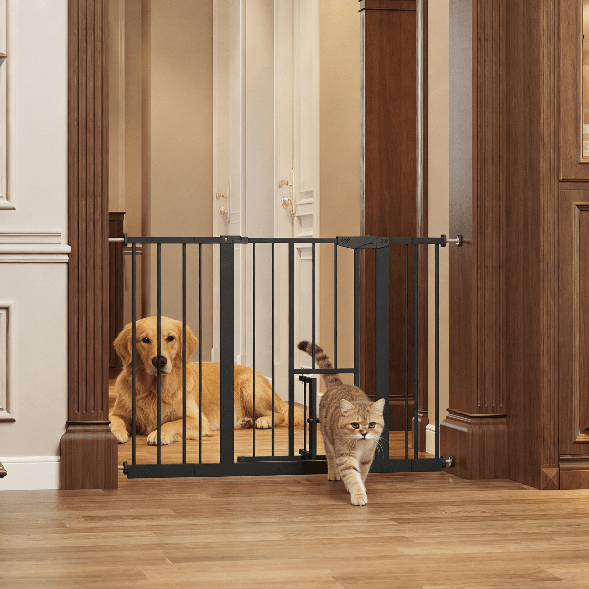 Leumius 29.5-44.1" Baby Gate with Cat Door, Pressure Mounted,No Tools Needed, Metal Pet Gate for Stairs and Doorways Black