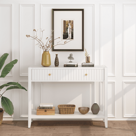 Leumius 29.53" Tall Console Table with Drawers, Narrow Wood Accent Sofa Table Entryway Table with Storage Shelf for Entryway Front Hall Hallway Living Room White