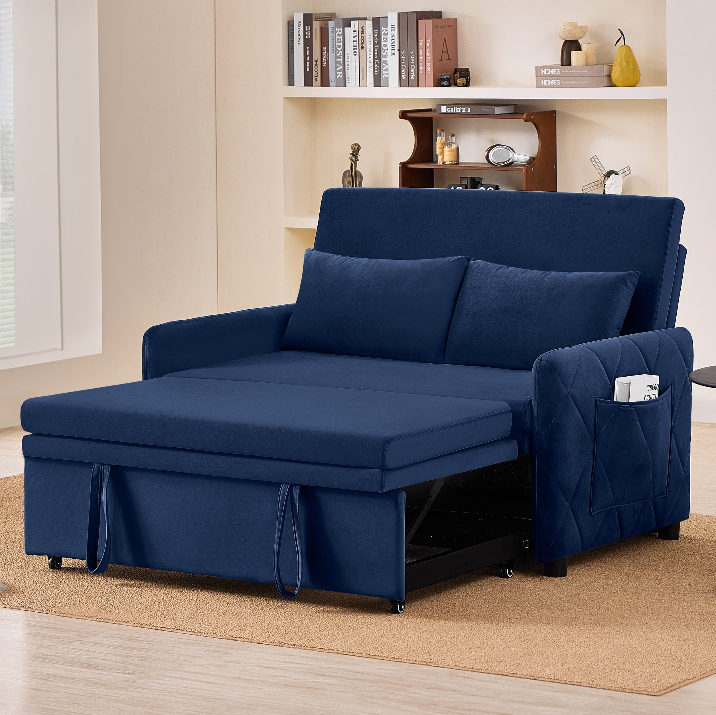 Leumius 3 in 1 Convertible Sleeper Sofa Bed, Modern Convertible Sofa Bed with 5-Position Adjustable Backrest,Velvet Pull Out Couch with Pull Out Bed for Living Room Furniture,Blue