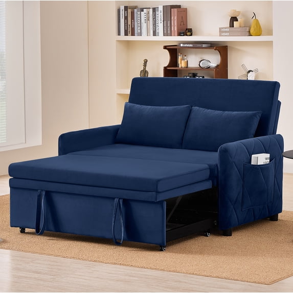Leumius 3 in 1 Convertible Sleeper Sofa Bed, Modern Convertible Sofa Bed with 5-Position Adjustable Backrest,Velvet Pull Out Couch with Pull Out Bed for Living Room Furniture,Blue
