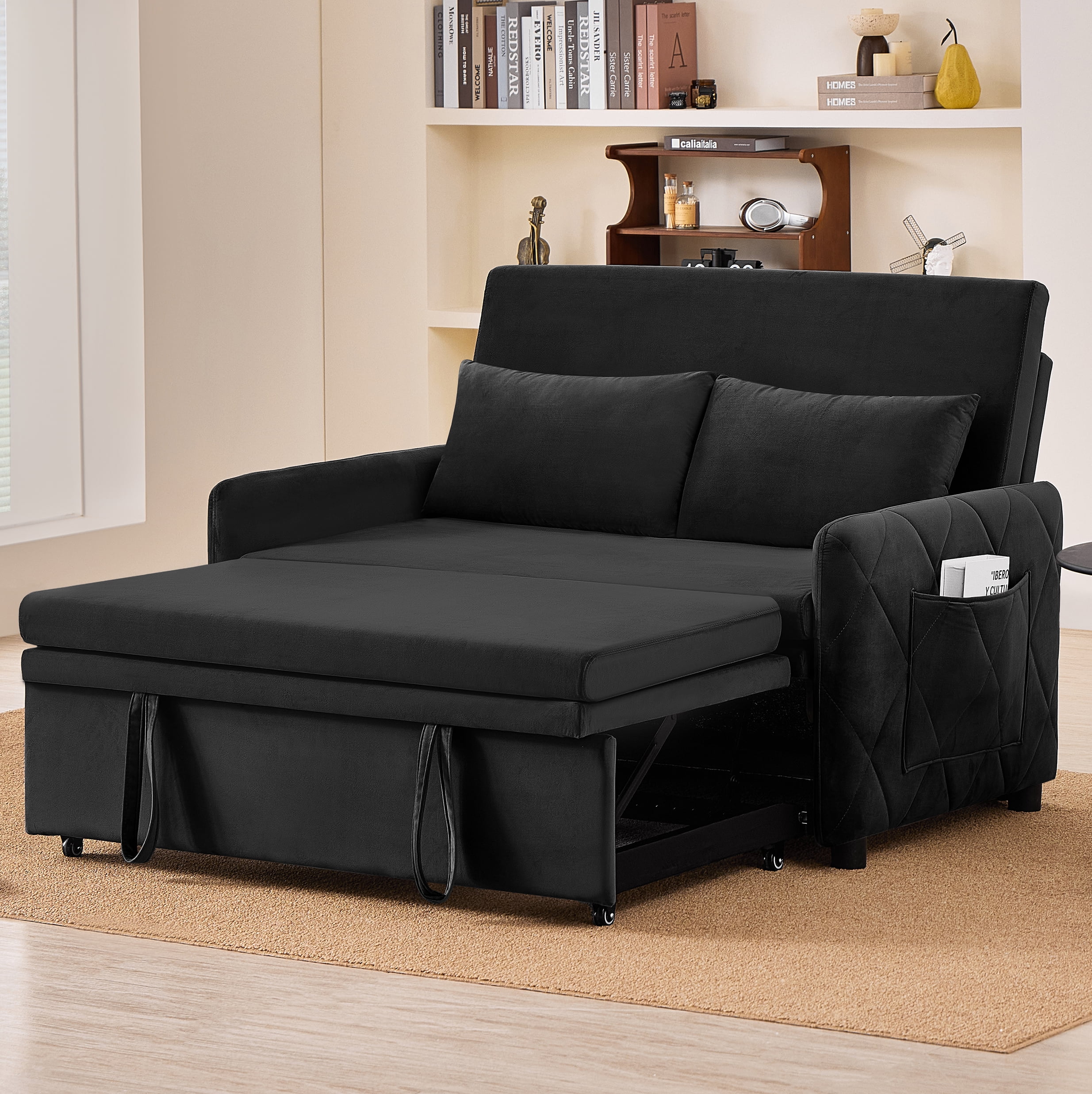 Leumius 3 in 1 Convertible Sleeper Sofa Bed, Modern Convertible Sofa Bed with 5-Position Adjustable Backrest,Velvet Pull Out Couch with Pull Out Bed for Living Room Furniture,Black
