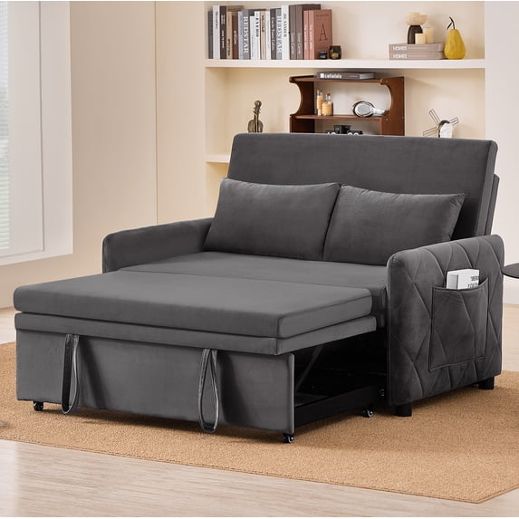 Leumius 3 in 1 Convertible Sleeper Sofa Bed, Modern Convertible Sofa Bed with 5-Position Adjustable Backrest,Velvet Pull Out Couch with Pull Out Bed for Living Room Furniture,Gray