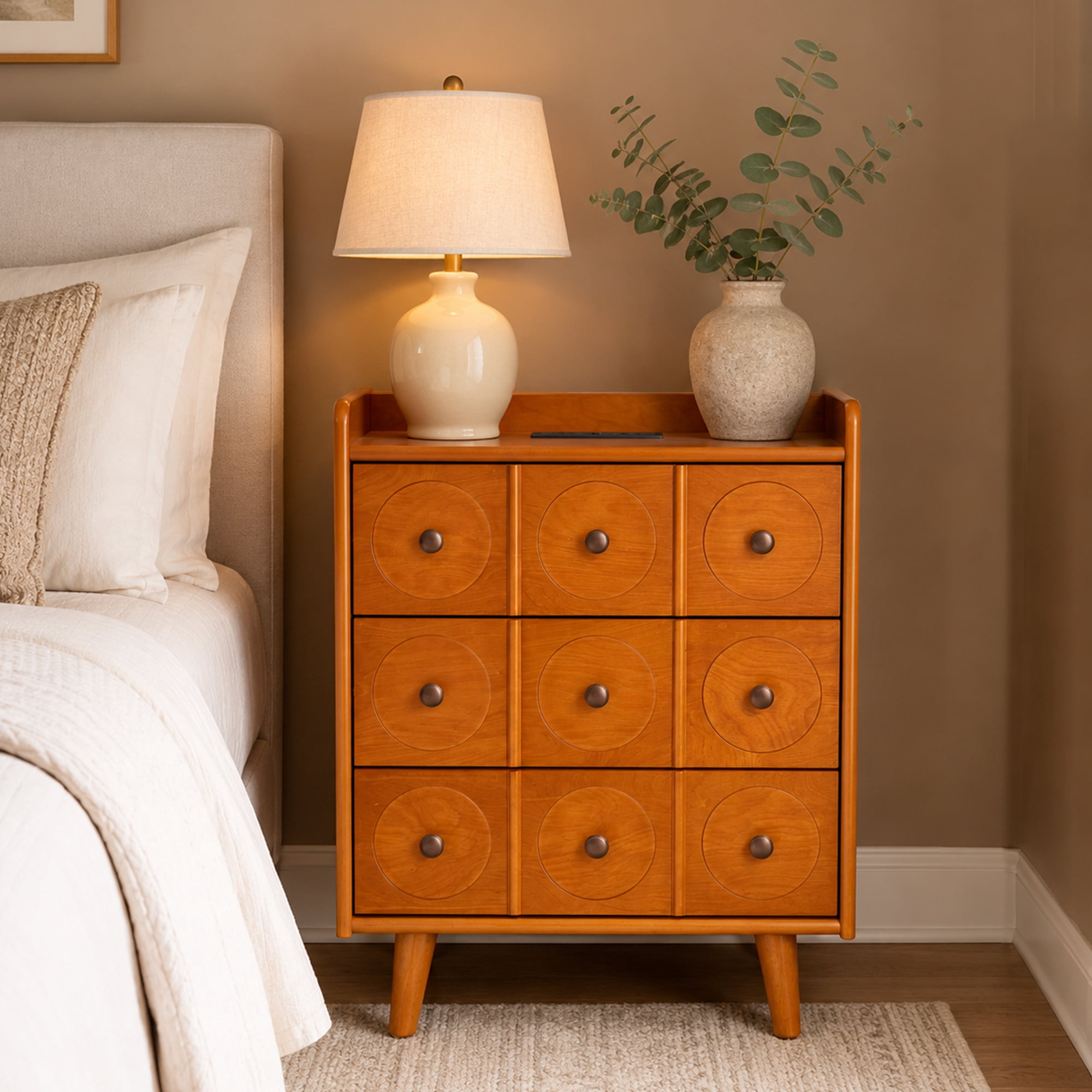 Leumius 3-Drawer End Table with Top Charging Station, 21.65" Length with Outlets and USB Ports, Large Mid Natural Wood Color End Table for Bedroom, Living Room
