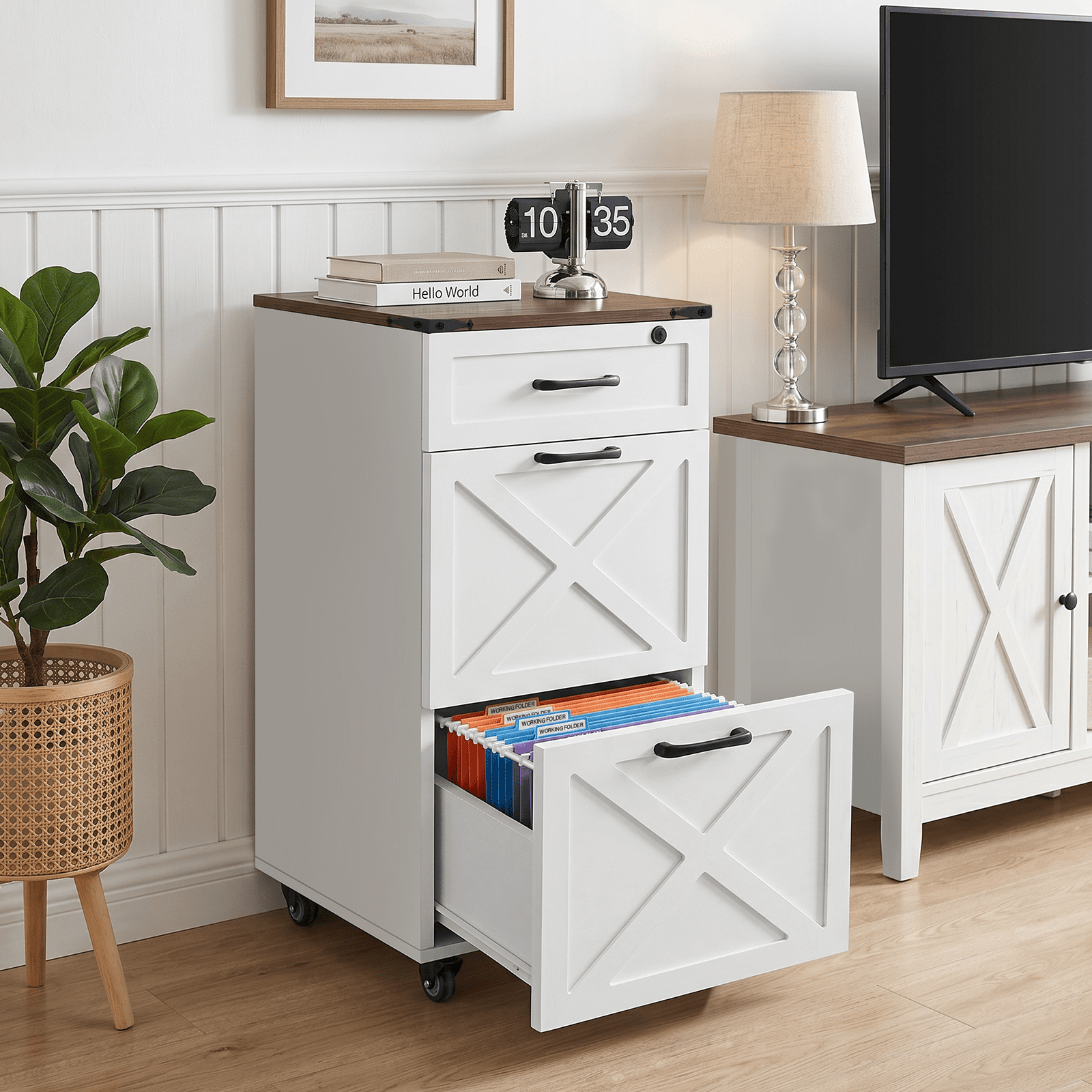 Leumius 3-Drawer File Cabinet with Wheels,Rustic Farmhouse Vertical Rolling Storage Cabinet,Printer Stand & Mobile Organizer for Letter/A4,White