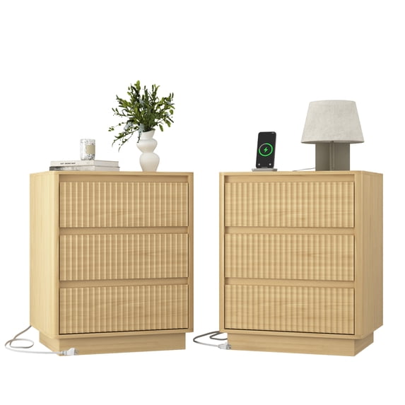 Leumius 3-Drawer Small Nightstand Set of 2 with Charging Station,Modern Sofa Side Table End Table Wood Storage Cabinet for Living Room,Bedroom,Office,Natural