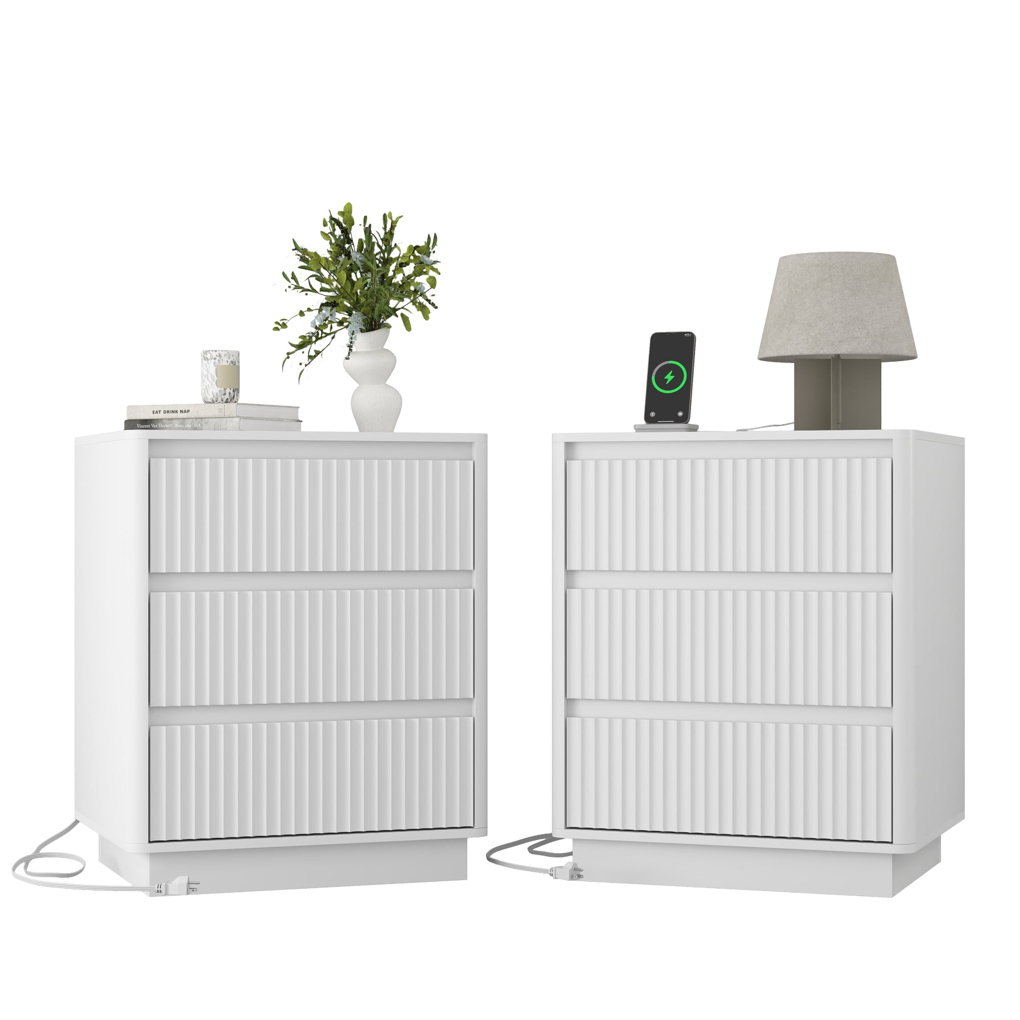 Leumius 3-Drawer Small Nightstand Set of 2 with Charging Station,Modern Sofa Side Table End Table Wood Storage Cabinet for Living Room,Bedroom,Office,White