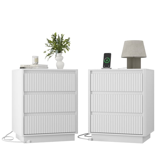 Leumius 3-Drawer Small Nightstand Set of 2 with Charging Station,Modern Sofa Side Table End Table Wood Storage Cabinet for Living Room,Bedroom,Office,White