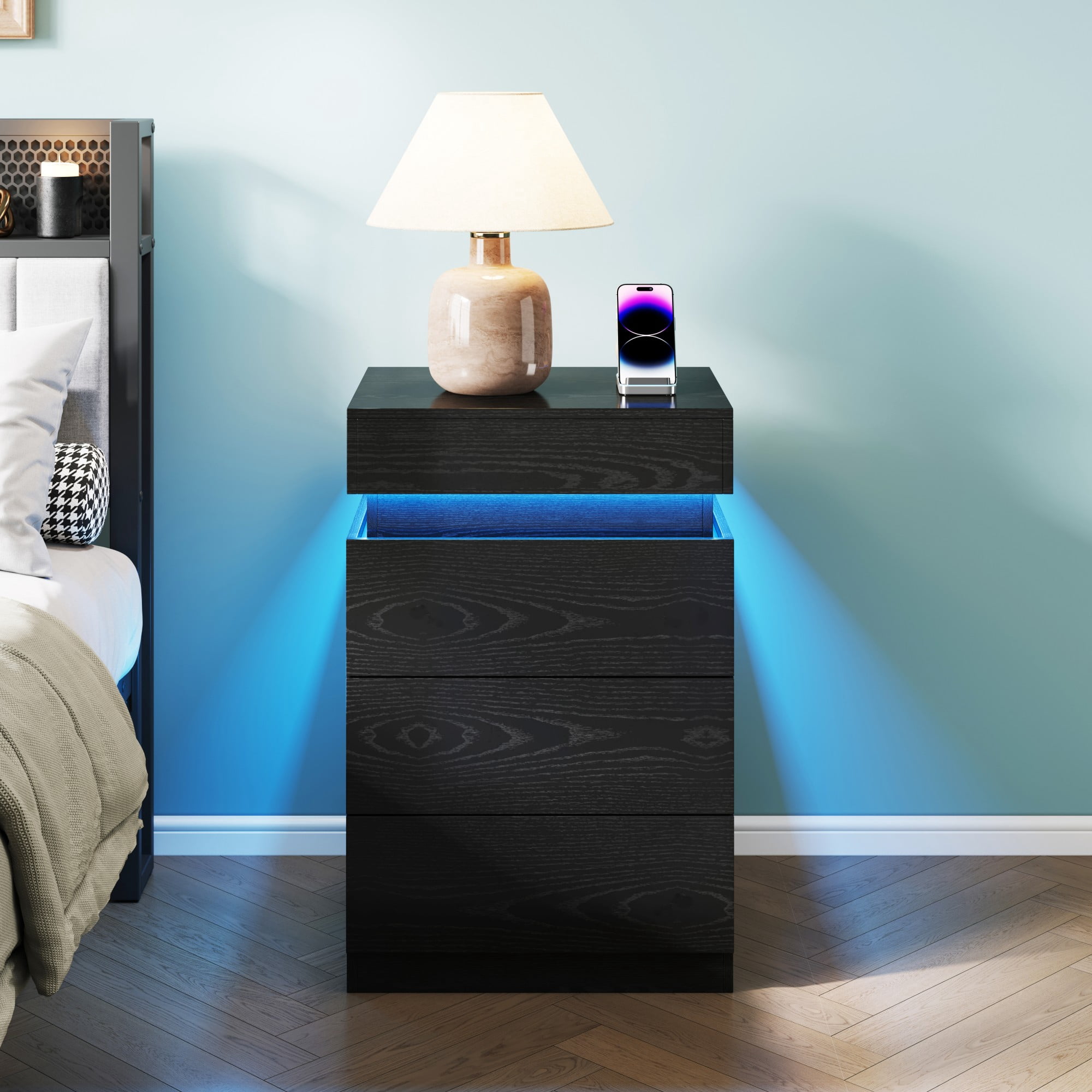 Leumius 3 Drawer Small Nightstand with Charging Station,LED and Open Shelf,Modern Bedside Table,Wooden End Table for Bedroom,Black