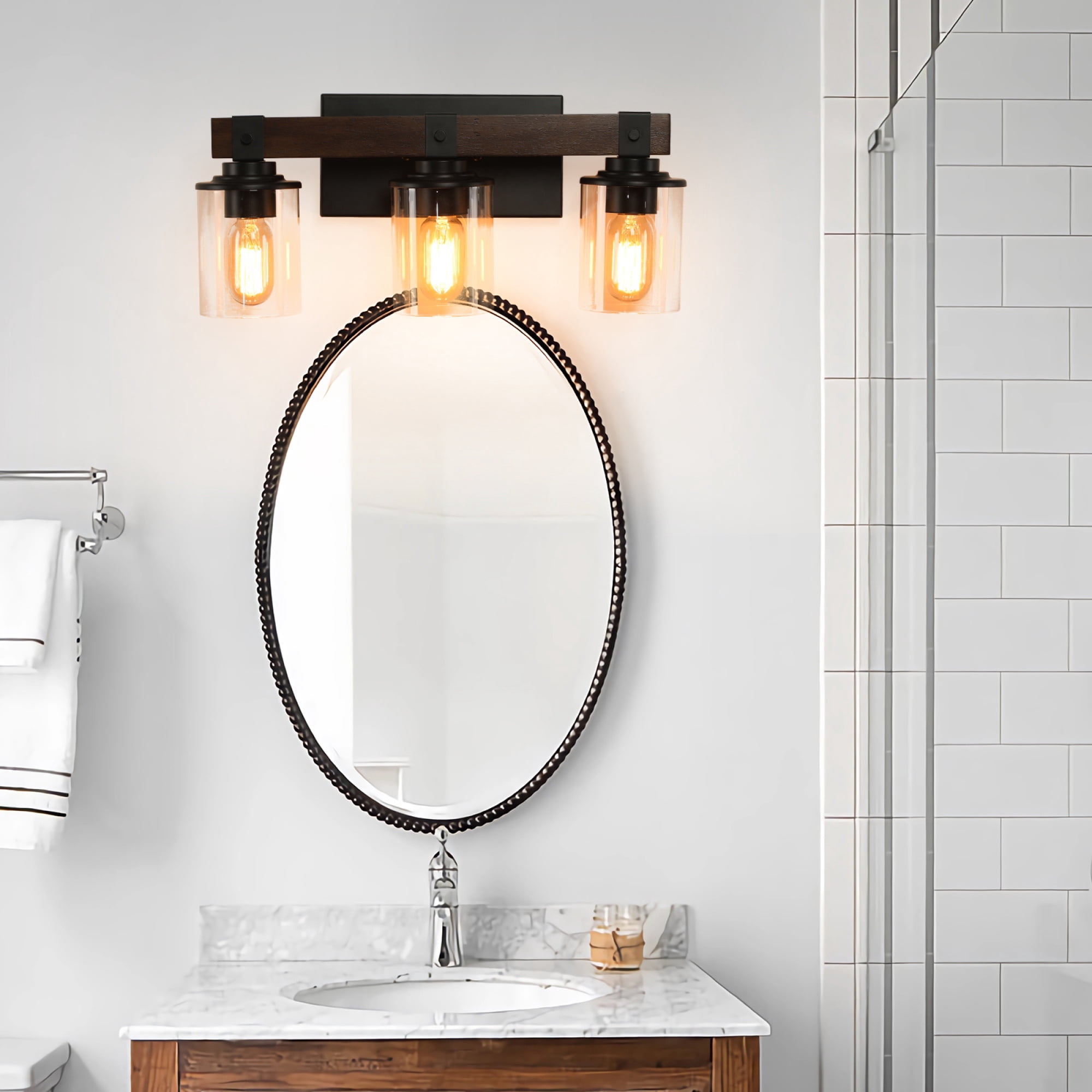 Leumius 3-Light Bathroom Vanity Light, Industrial Wall Sconce with Glass Shades and Wood Accent, Modern Farmhouse Lighting Fixture for Mirror, Bathroom, Bedroom and Hallway Walnut (No Bulbs)