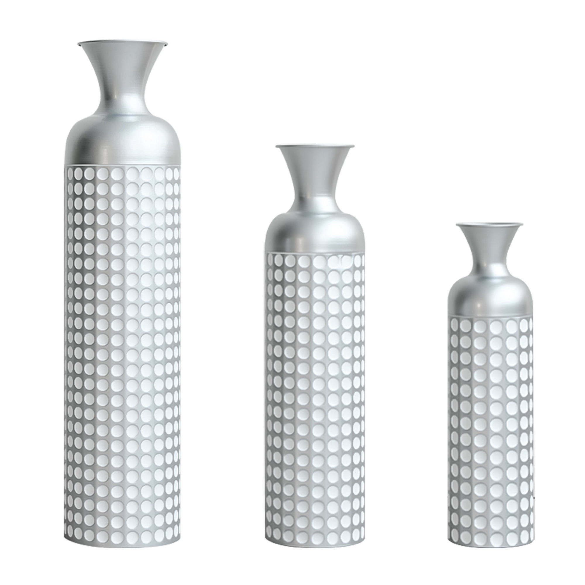 Leumius 3 Pack Silver Metal Vase Set, Tall Embossed Nested Vases, Semi-Handcrafted Decorative Centerpieces for Home Living Room Floor Fireplace