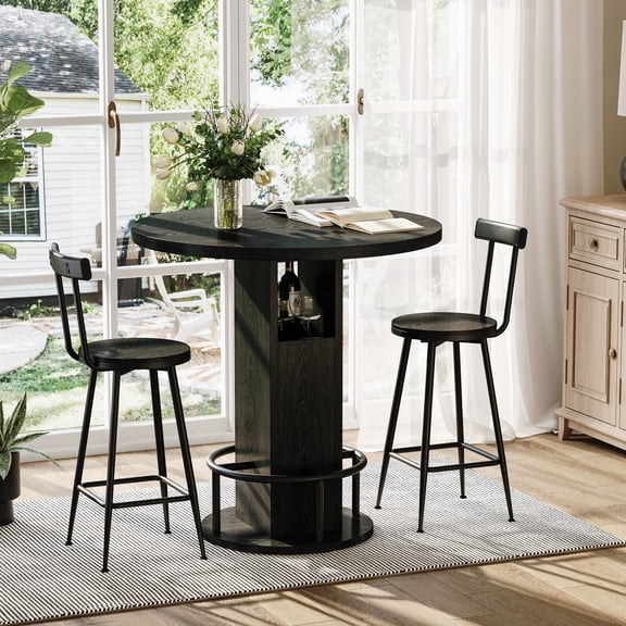 Leumius 3-Piece Bar Table Set with 2 Stools,31.5" Round Pub Table with Metal Ring Footrest,Space-Saving Dining Set for Kitchen,Living Room,Small Space,Black