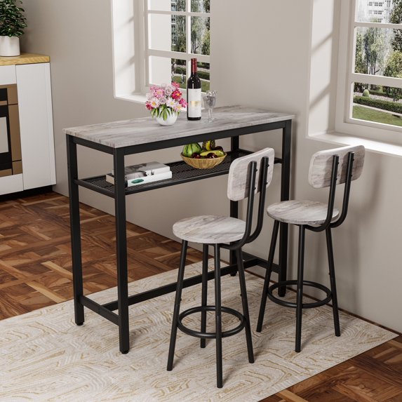 Leumius 3-Piece Bar Table Set,Bistro Kitchen Table Sets with Metal Frame & Storage Rack,Modern Counter Height Table with 2 Stools for Kitchen, Dining Room, Living Room,