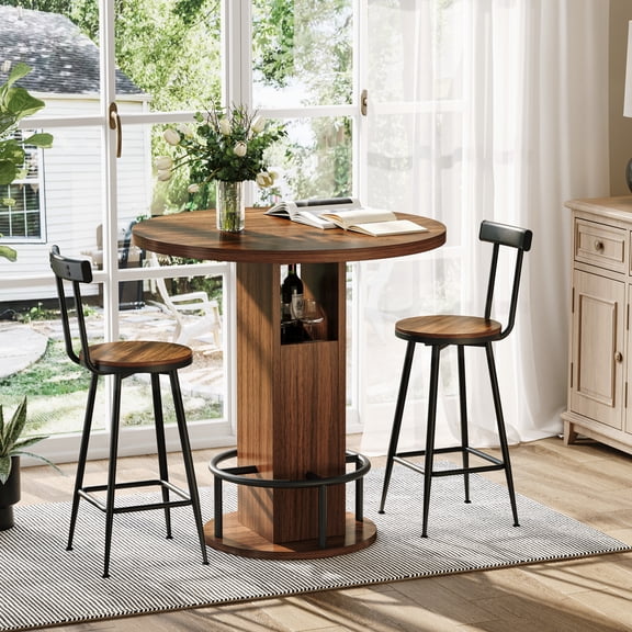 Leumius 3-Piece Bar Table and Stool Set, 31.5-inch Round Bar Table with 2 Stools Compact Wooden Dining Bar with Metal Ring Footrest for Restaurants Cafes Bars Living Rooms and Small Spaces Walnut