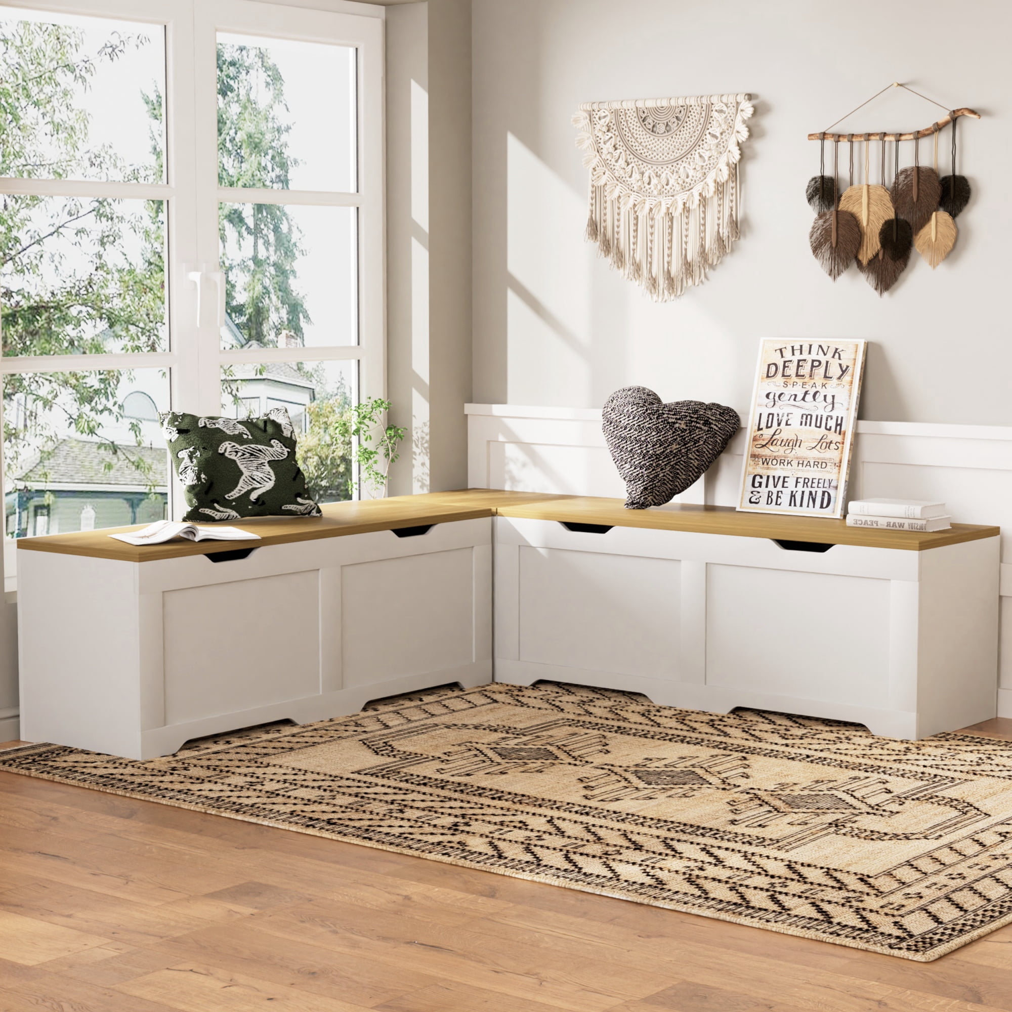 Leumius 3-Piece L-Shaped Multi-Functional Storage Bench with Cushion for Kitchen Corner Bench, Toy Storage Box or Reading Nook Seat, White and Natural