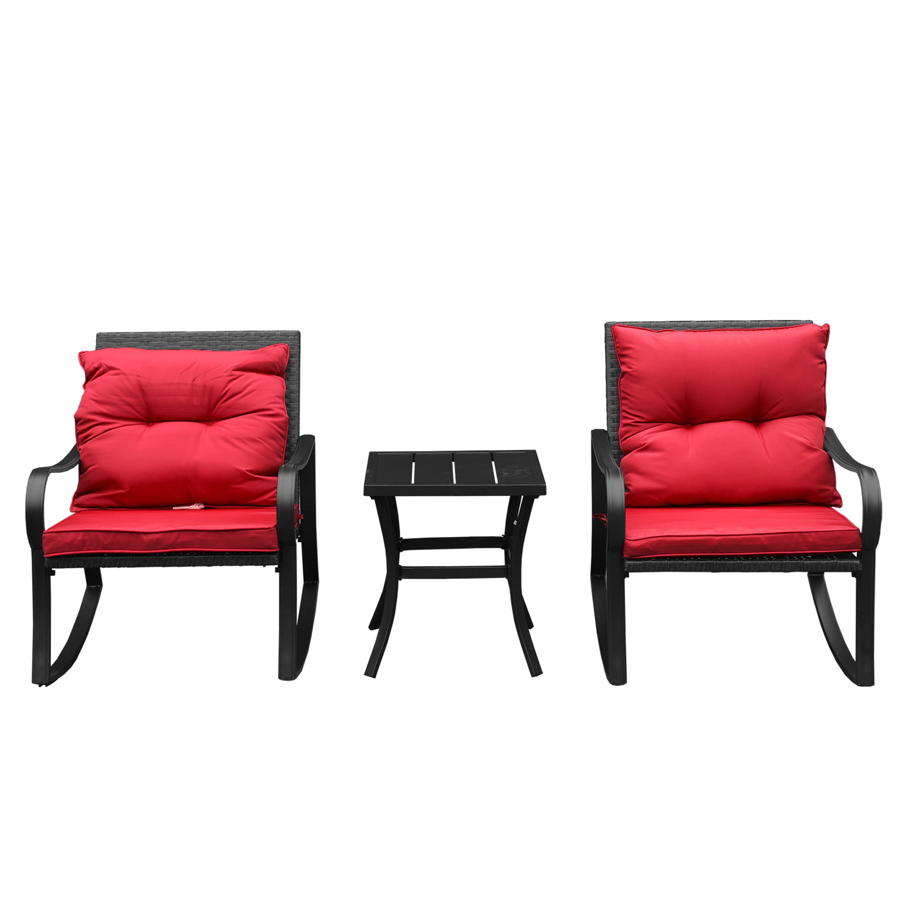 Leumius 3-Piece Outdoor Rocking Chair Set,Wicker Rocking Bistro Patio Set with Cushions & Table for Backyard, Porch, Balcony, Poolside,Red