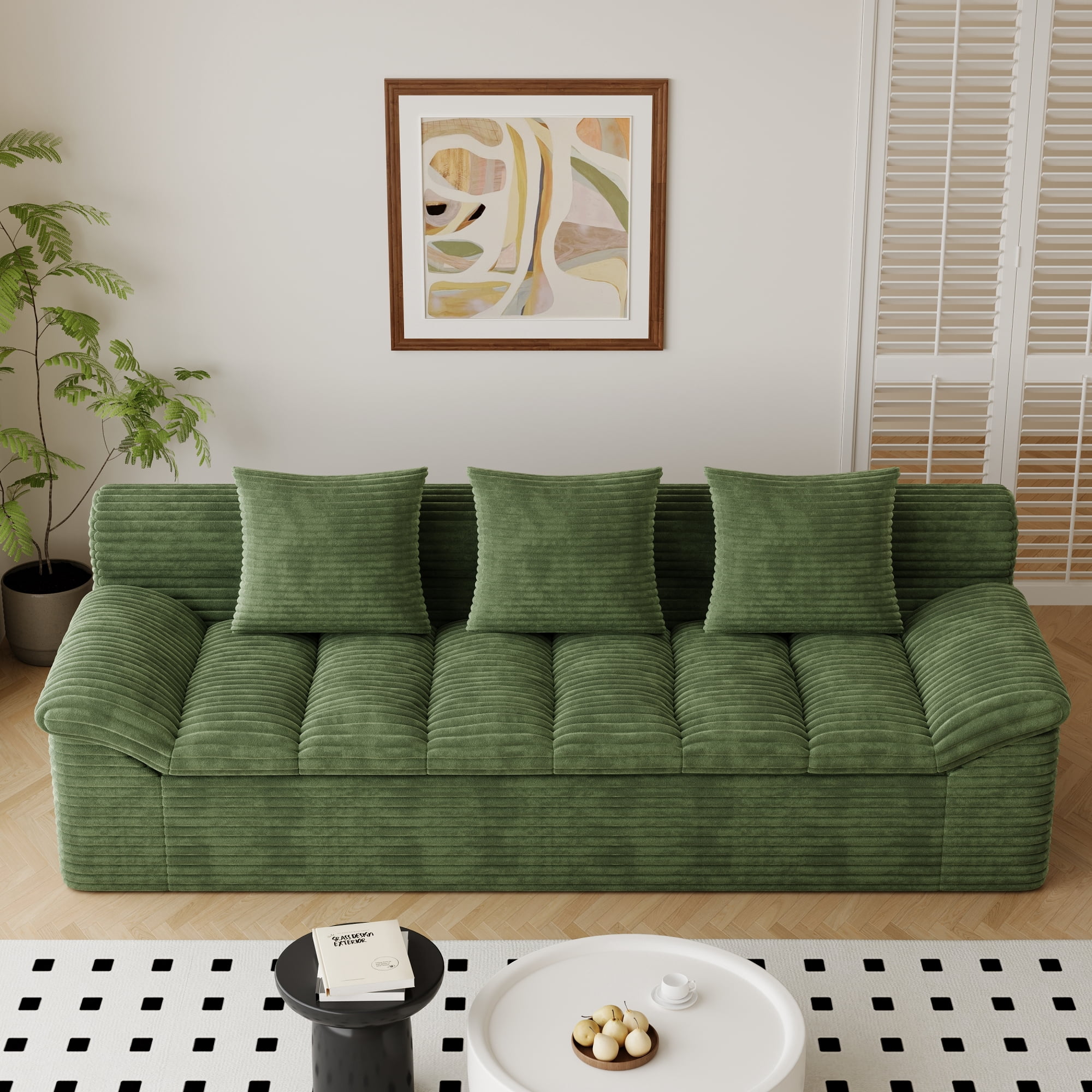 Leumius 3 Seater Boneless Couch for Living Room, Upholstered Corduroy Fabric Loveseat Couch with Deep Seats,Cloud Sofa for Living Room,No Assembly Required,Antique Green