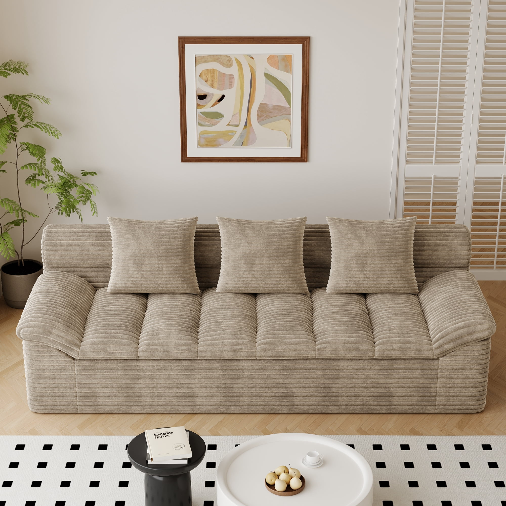 Leumius 3 Seater Boneless Couch for Living Room, Upholstered Corduroy Fabric Loveseat Couch with Deep Seats,Cloud Sofa for Living Room,No Assembly Required,Camel