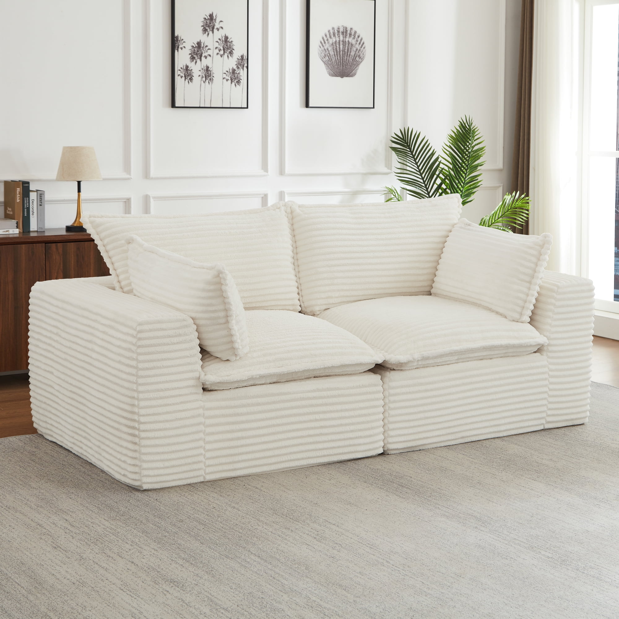 Leumius 3-Seater Boneless Sofa Couch,Modern Corduroy Sofa with Pillows,Bean Bag Couch for Living Room,No Assembly Required,White