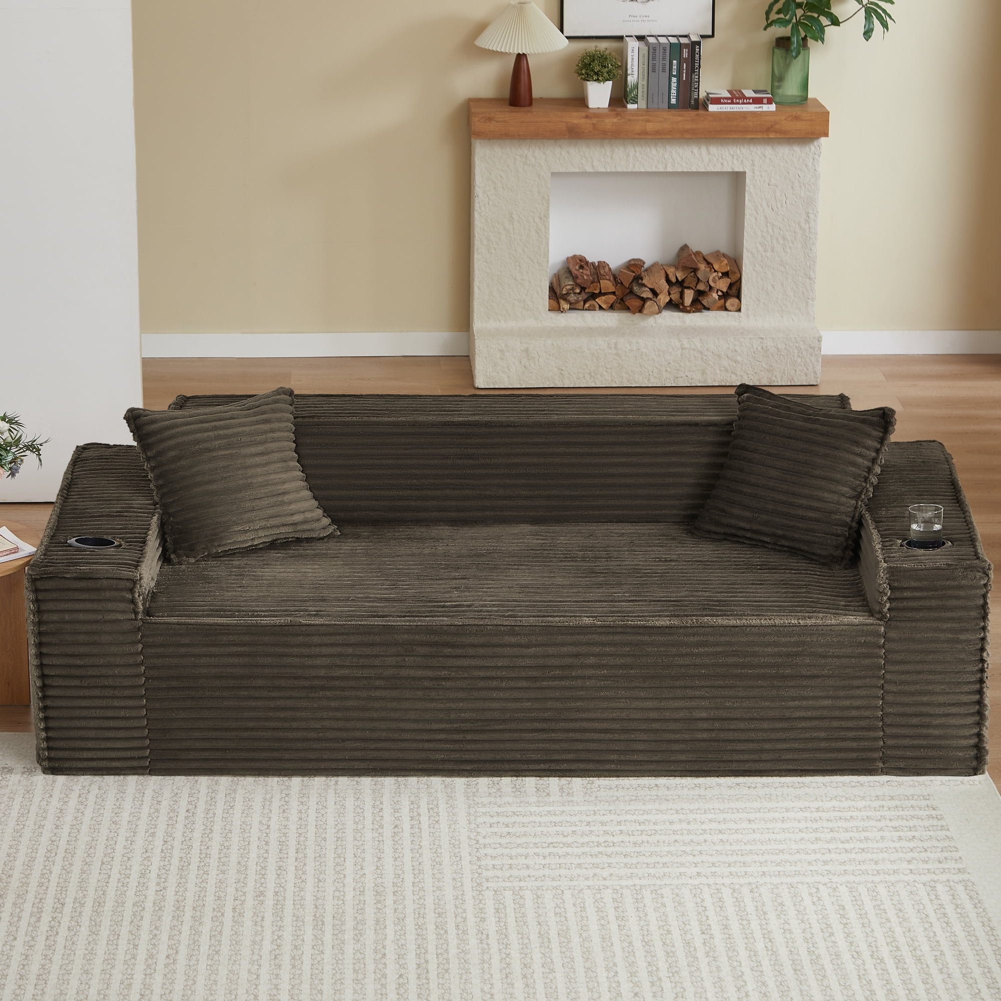 Leumius 3 Seater Cloud Sofa,Boneless Couch with Cupholders,Upholstered Corduroy Fabric Modern Loveseat with Deep Seats for Living Room Bedroom,No Assembly Needed,Brown