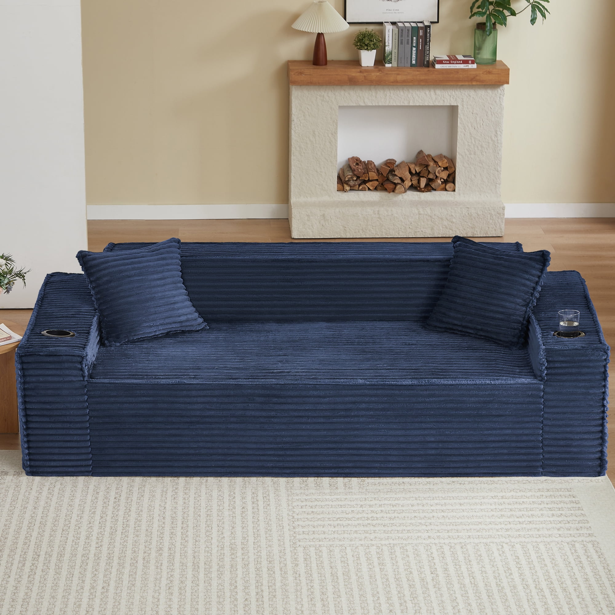 Leumius 3 Seater Cloud Sofa,Boneless Couch with Cupholders,Upholstered Corduroy Fabric Modern Loveseat with Deep Seats for Living Room Bedroom,No Assembly Needed,Blue