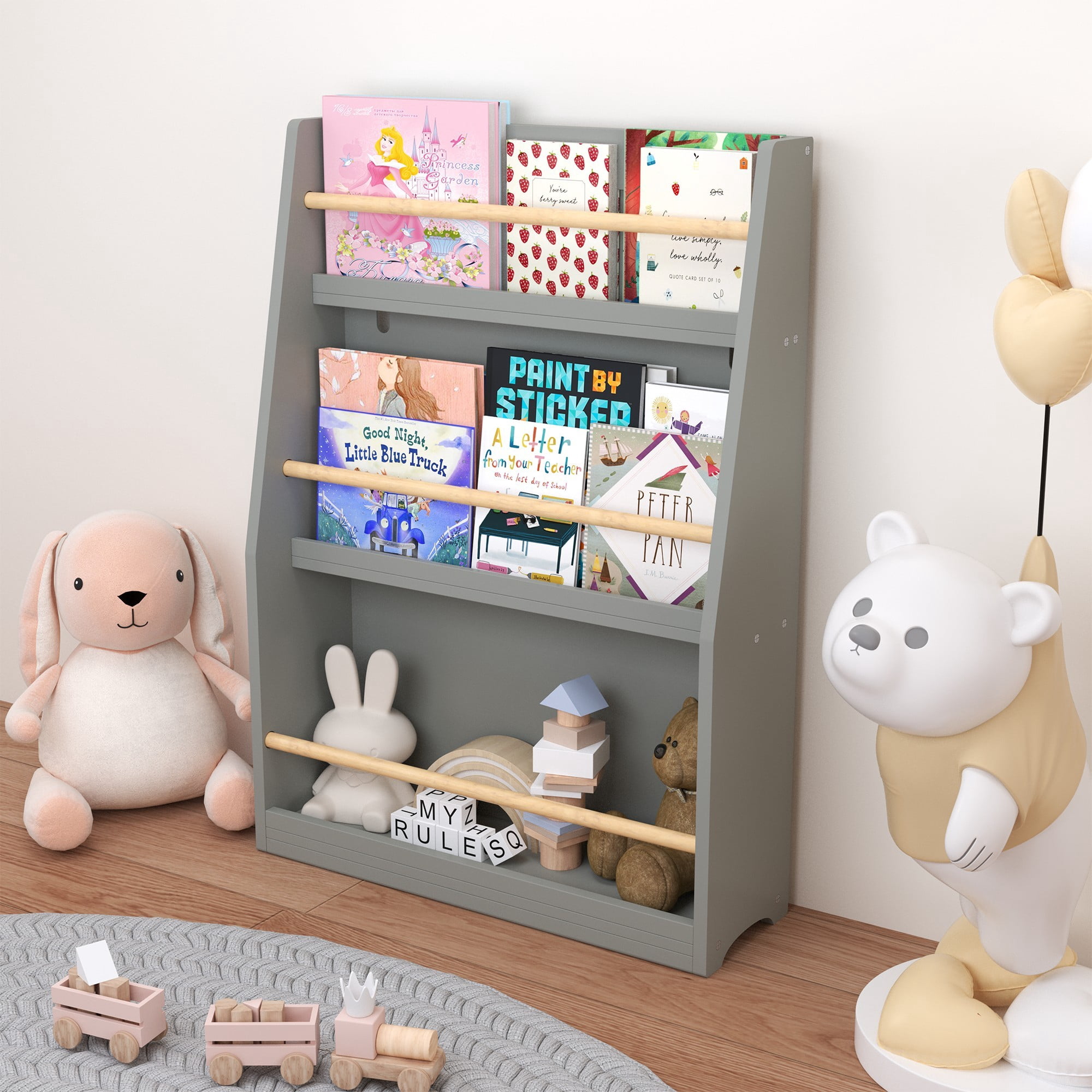 Leumius 3-Tier Bookshelf,Kids Bookshelf,Book Storage Rack,Storage Organized for Bedroom,Playrooms,Gray