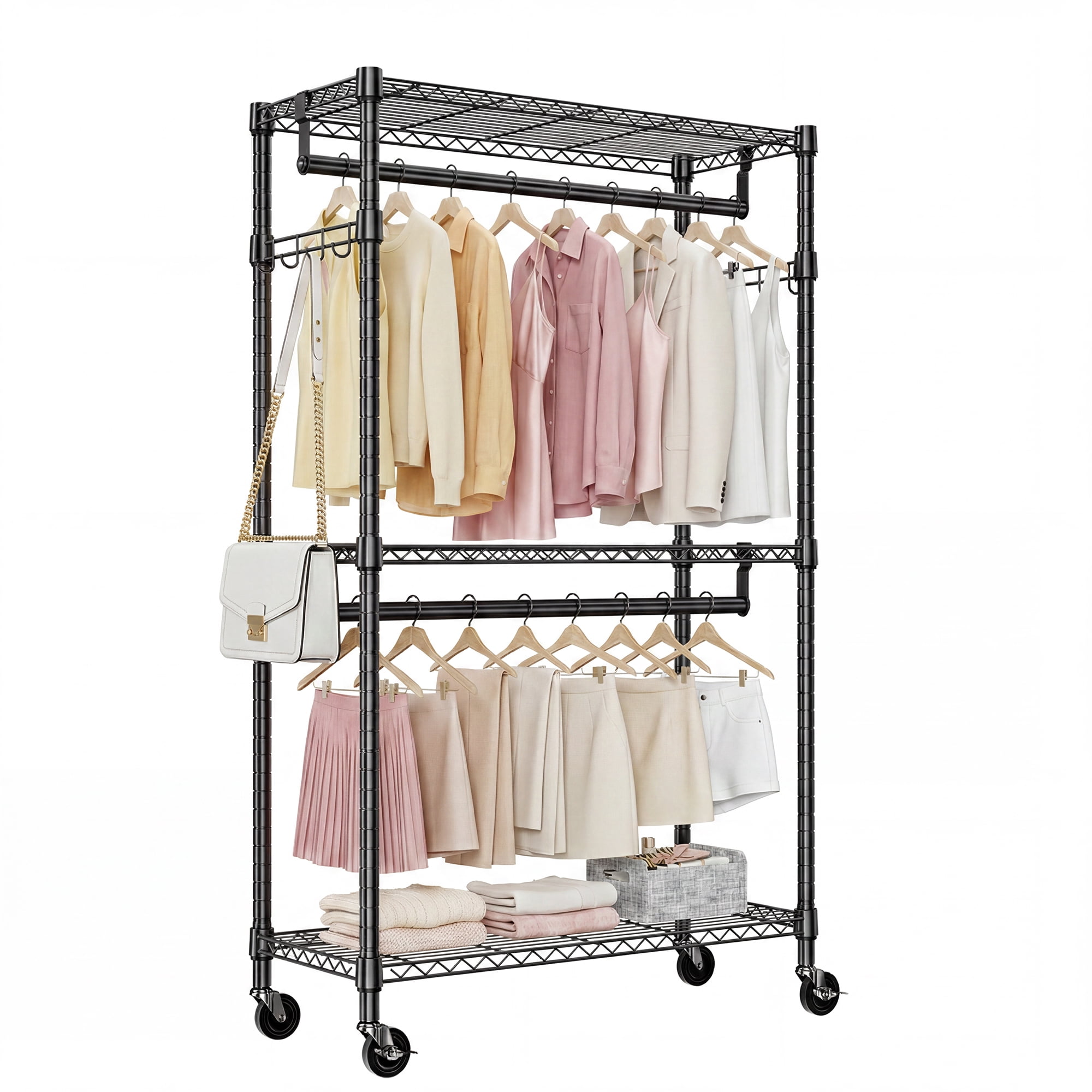 Leumius 3 Tiers Heavy Duty Rolling Garment Rack, Adjustable Wire Shelving Clothes Rack with 2 Rods and Side Hooks,Storage Closet Clothing Rack with Wheels for Laundry Room Bedroom Cloakroom Black