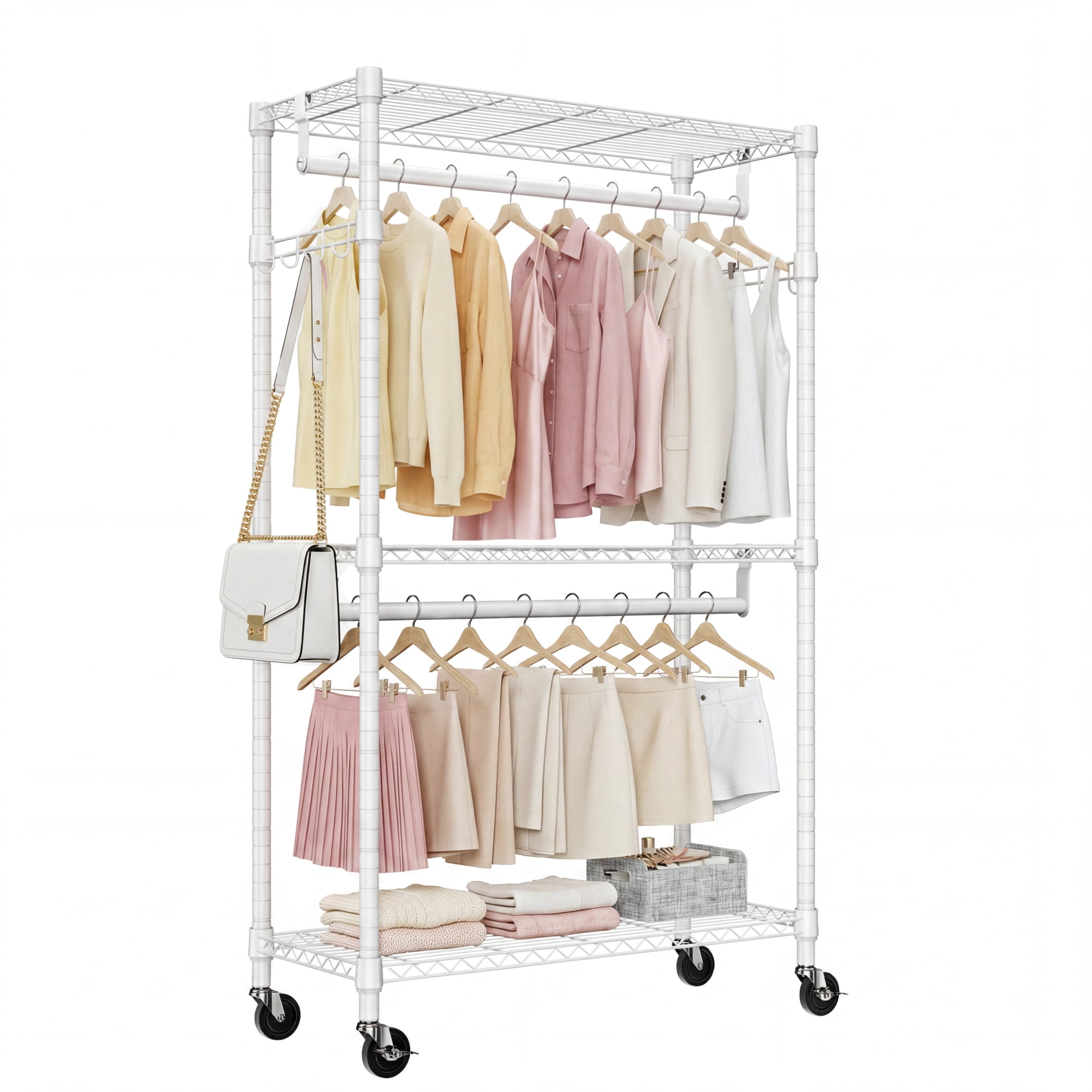 Leumius 3 Tiers Heavy Duty Rolling Garment Rack, Adjustable Wire Shelving Clothes Rack with 2 Rods and Side Hooks,Storage Closet Clothing Rack with Wheels for Laundry Room Bedroom Cloakroom White