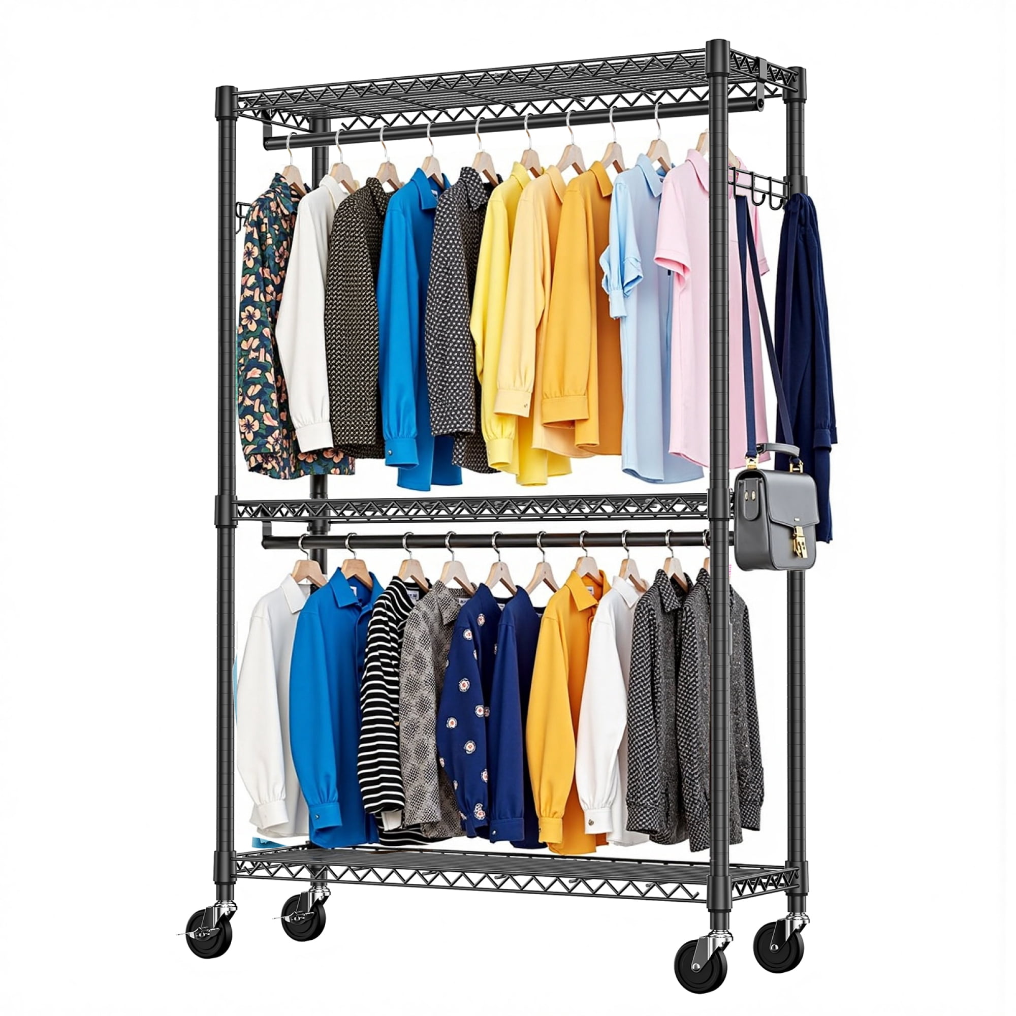 Leumius 3 Tiers Heavy Duty Rolling Garment Rack, Adjustable Wire Shelving Clothes Rack with 2 Rods and Side Hooks,Storage Closet Clothing Rack with Wheels for Laundry Room Bedroom Cloakroom Black