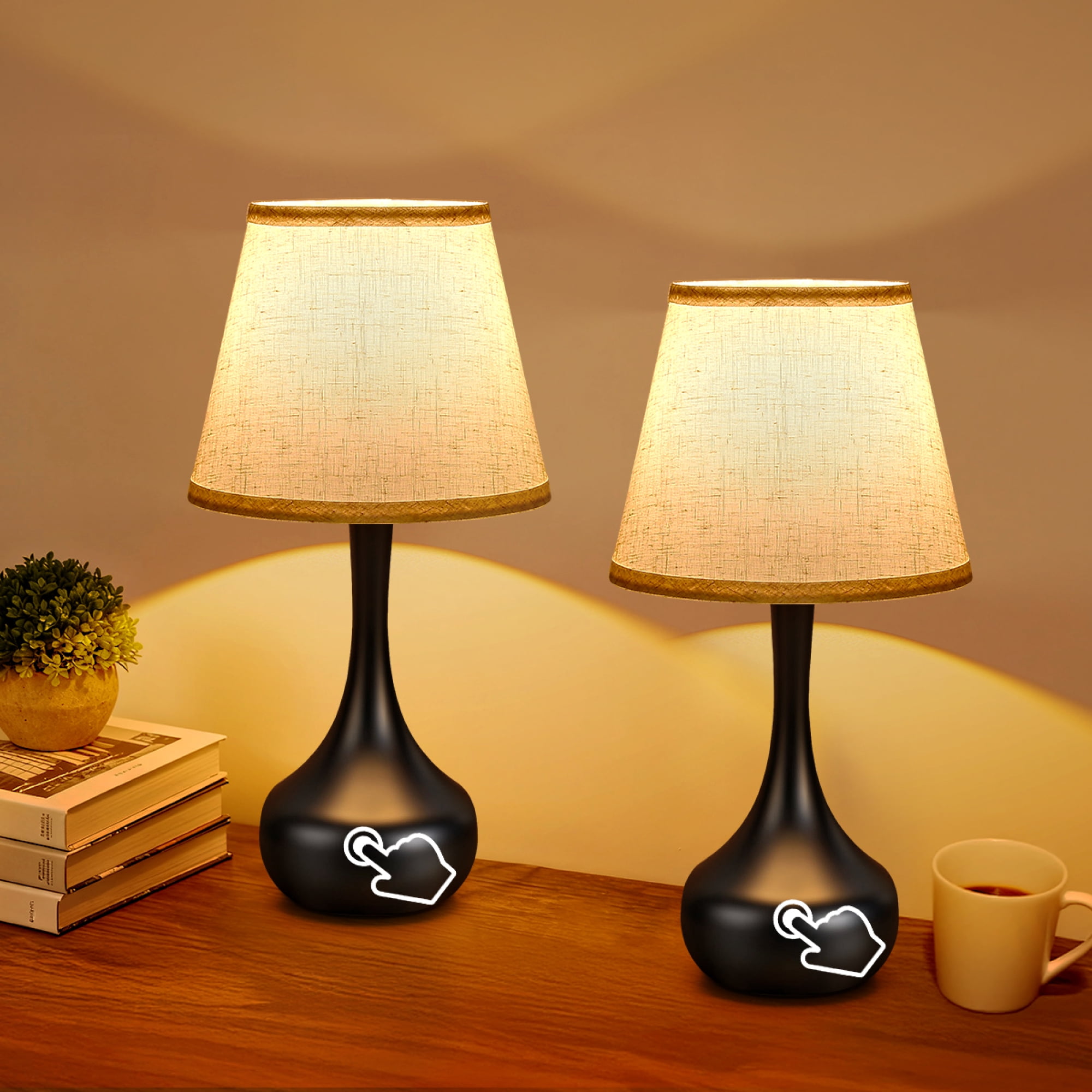 Leumius 3-Way Dimmable Set of 2 Small Bedside Lamps for Night Stands, Black LED Desk Lamps for Kids Room,Office,Living Room, End Table Black