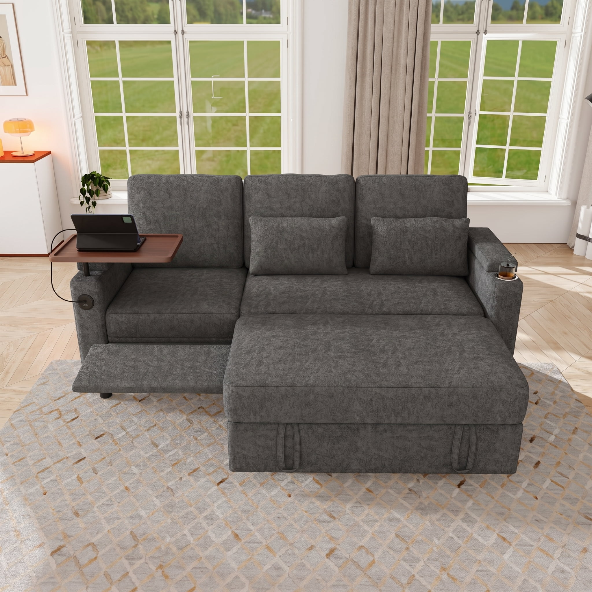 Leumius 3-in-1 Foldable 3 Seater Sofa Bed with Table Board,USB Ports,Armrest Storage,Adjustable Backrest,81inch Multi-Functional Chenille Fabric Sofa Couch for Living Room,Dark Gray