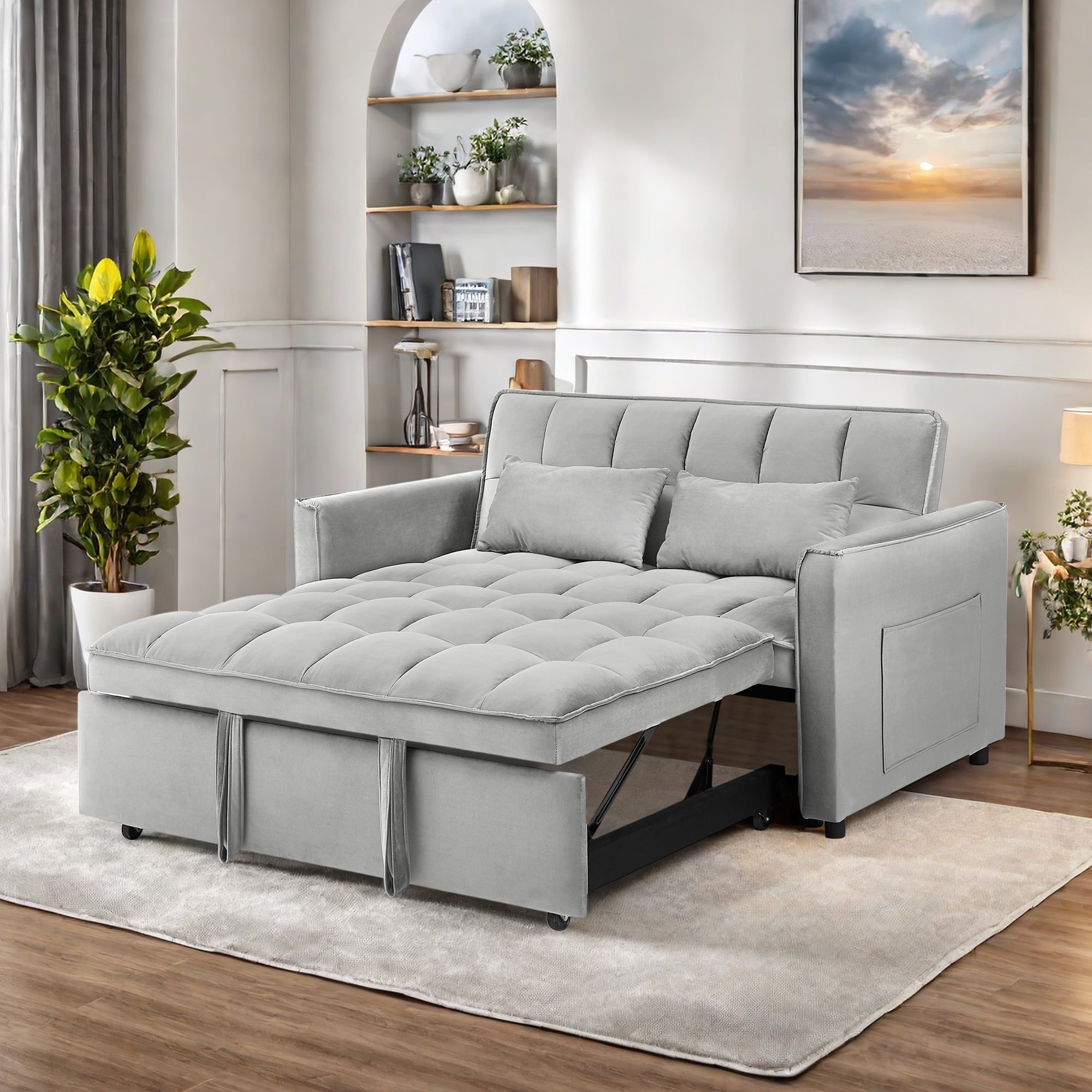 Leumius 3 in 1 Sofa Bed,Convertible Sleeper Sofa with Pull Out Bed,Loveseat Couch with Adjustable Backrest for Living Room,Gray