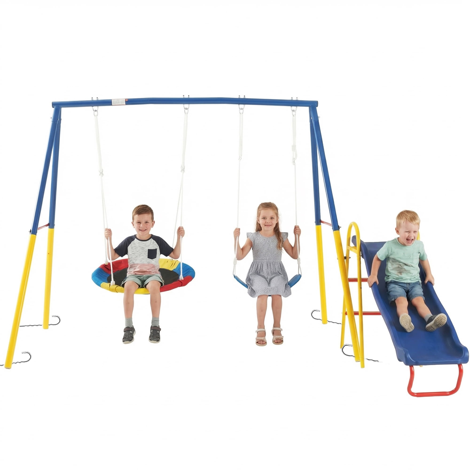 Leumius 3 in 1 Swing Set with Slide for Kids,Outdoor Heavy-Duty Metal Playset for Backyard,Blue